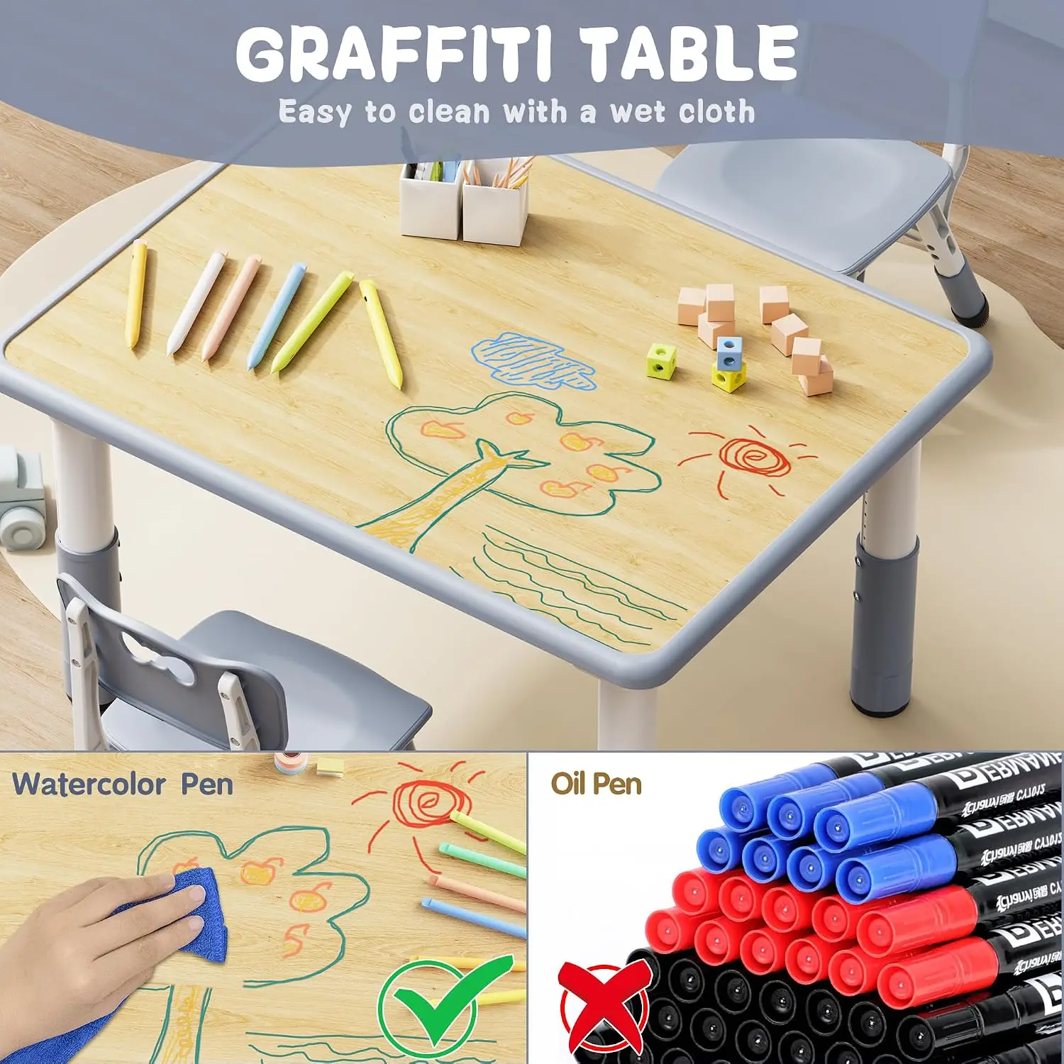 Adjustable Toddler Table Chair Set 31 5 L 23 6 W Grey Supports 300 lbs Drawing Activity Desk Classroom Daycare Home Children Mul