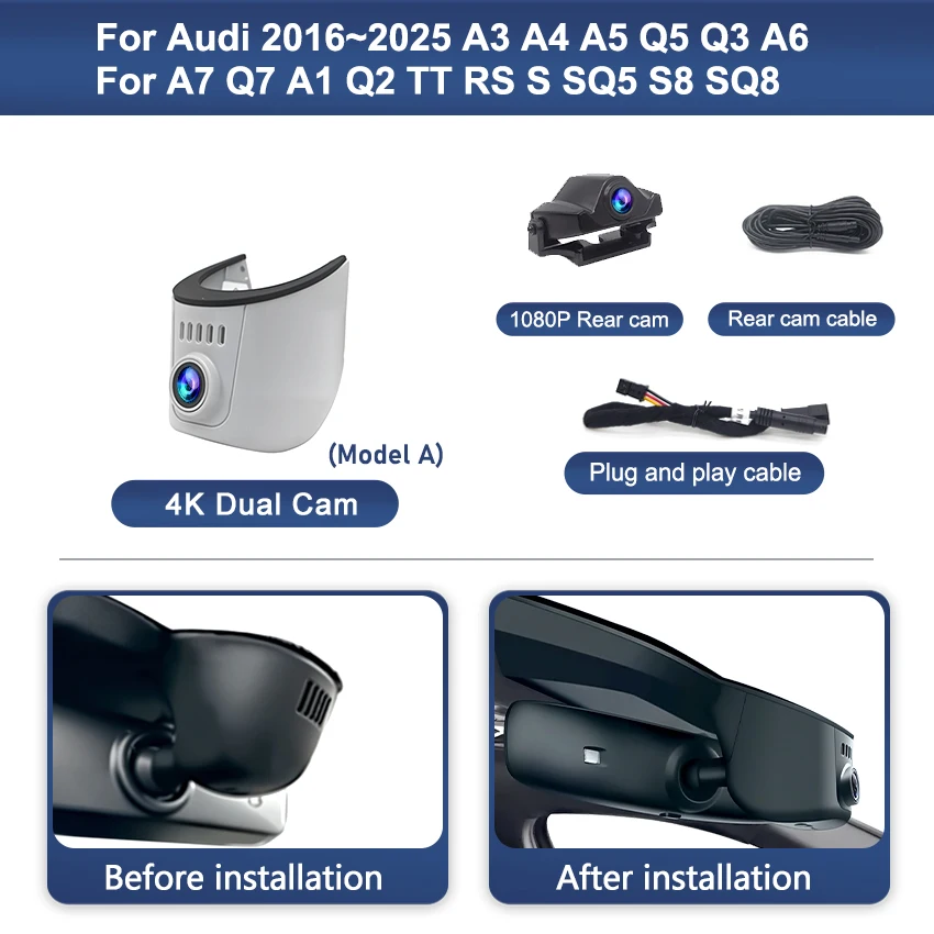 Nieuwe Plug en Play 4K 2K WiFi Draadloze Auto HD DVR Dash Cam Voor Audi 2016-2025 A3 A4 A5 Q5 Q3 A6 A7 Q7 A1 Q2 TT RS SQ5 S8 SQ8
