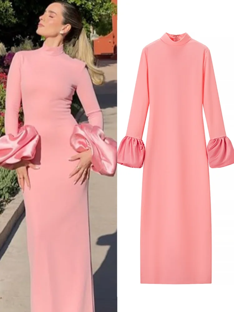 

Sweet Pink Skinny Maxi Dresses Women 3d Flowers Long Sleeves Half High Collar High Waist Split Robe 2025 New Party Evening Gowns