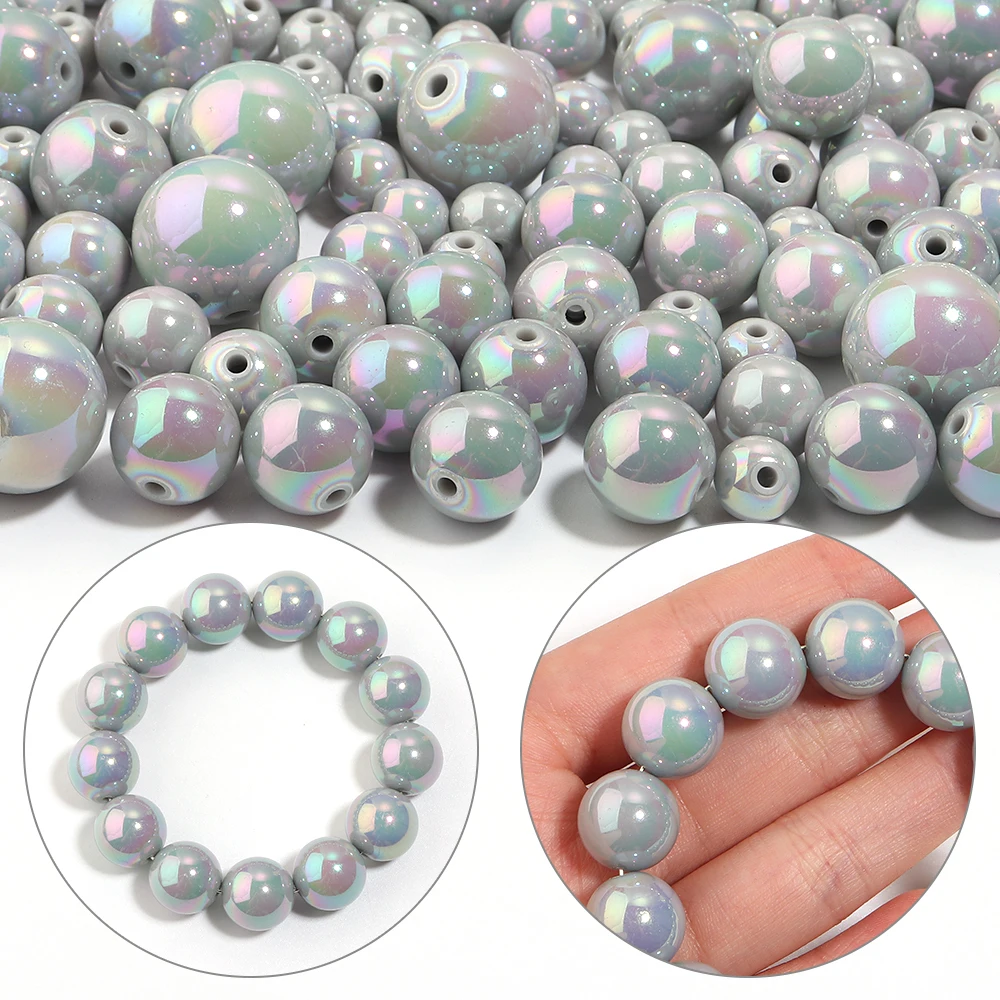 20-100pcs High Gloss UV Coated Gray Round Acrylic Beads AB Color Loose Spacer Bead for DIY Necklace Bracelet Jewelry Making ﻿