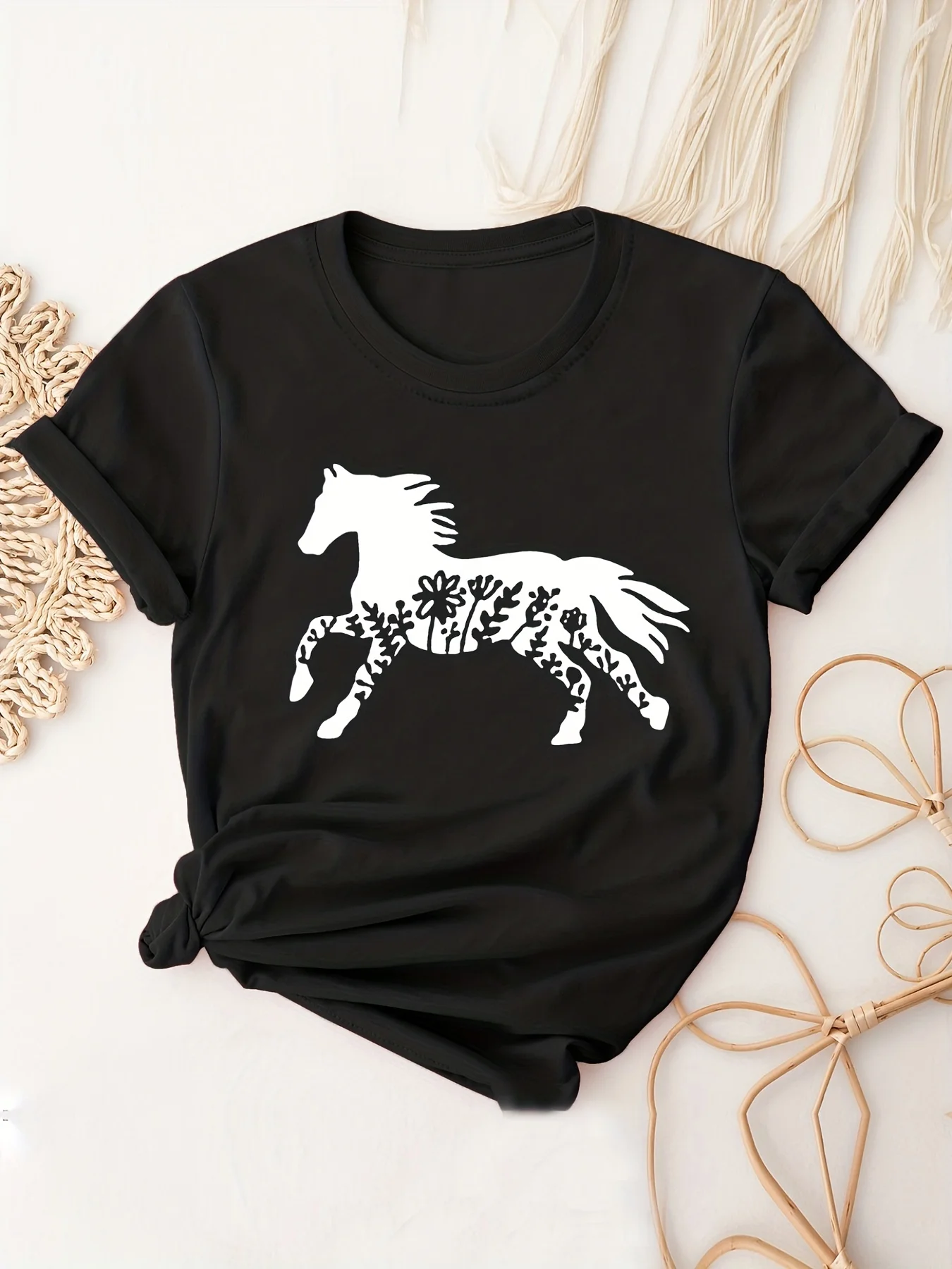 Hardloop Paard Print T-Shirt, Korte Mouw Ronde Hals Casual Top Voor Het Hele Seizoen, Dameskleding