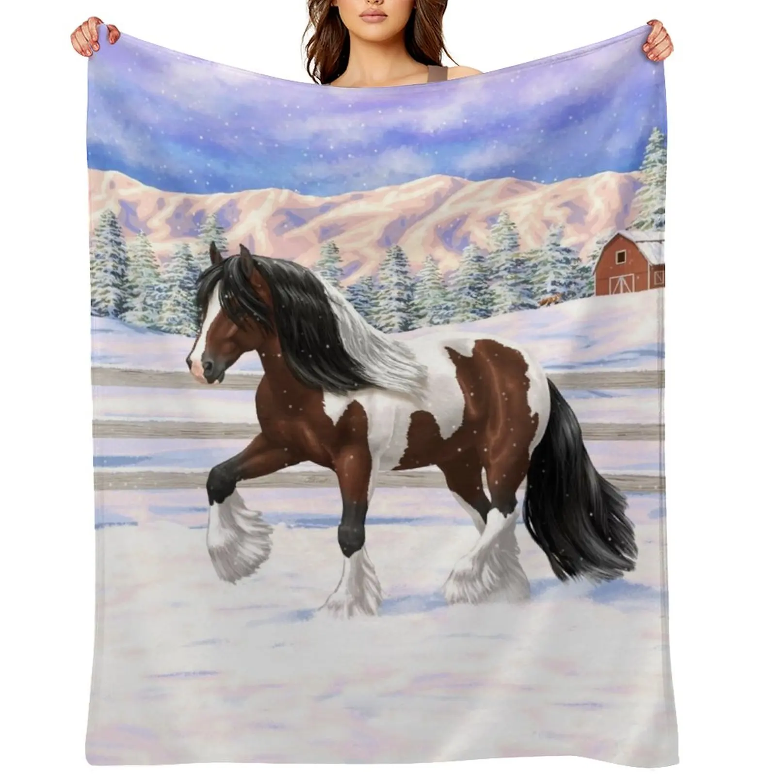 

Brown Bay Pinto Skewbald Gypsy Vanner Draft Horse In Snow Throw Blanket Furry Luxury St funny gift christmas decoration Blankets
