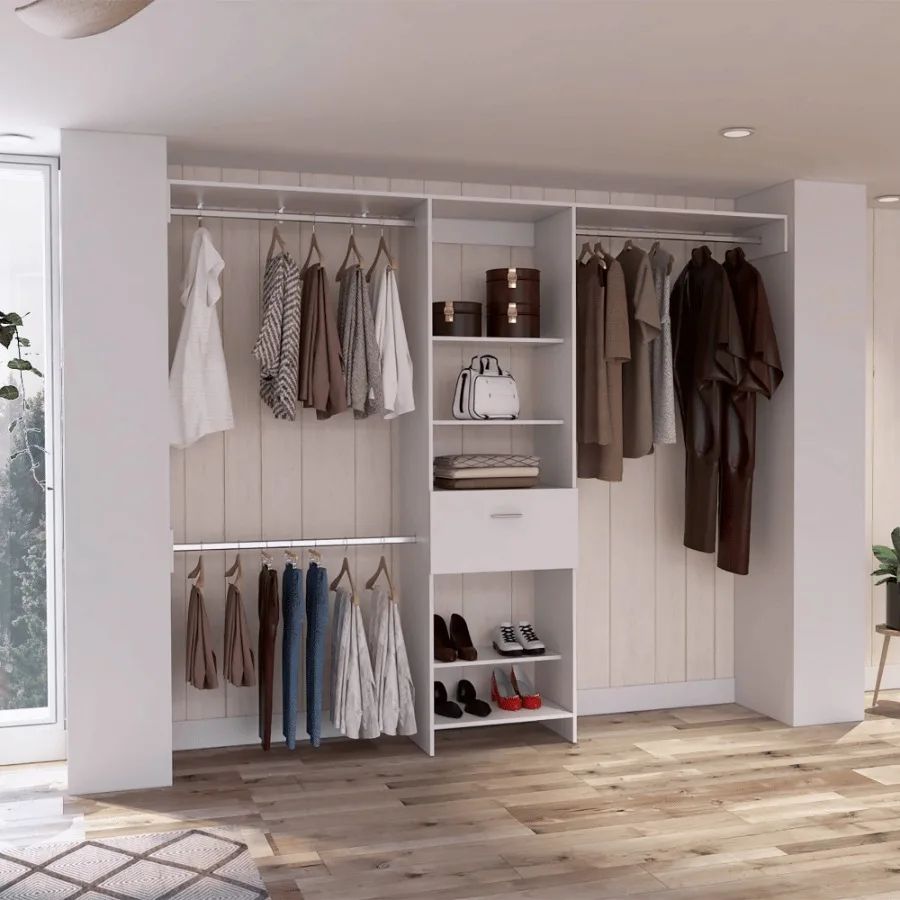 

250 Closet System British One Drawer Three Metal Rods White Finish