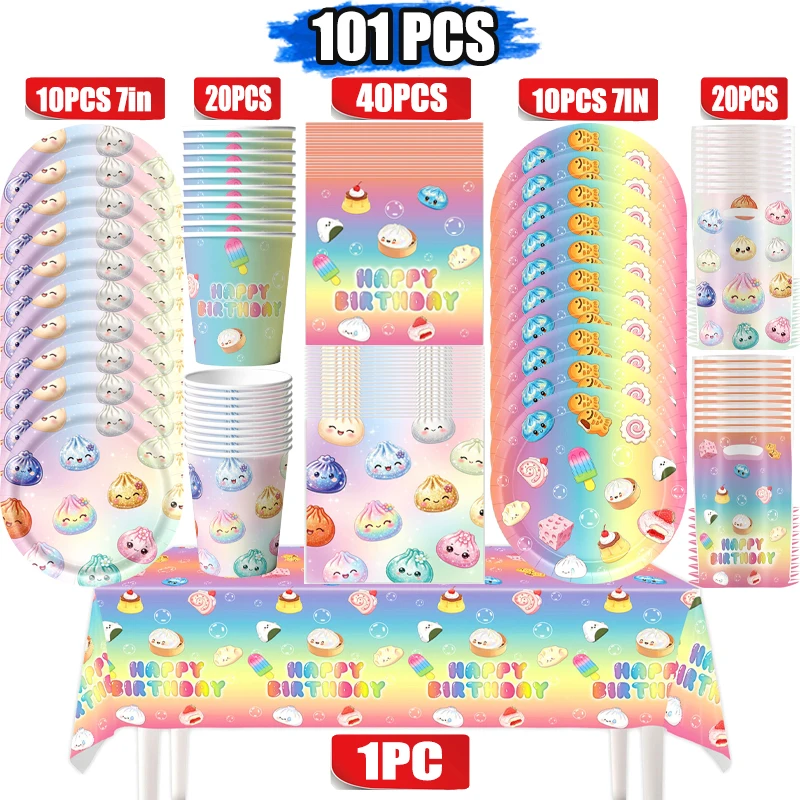 Adorable Squishy Bao Dumpling Birthday Party Supplies Paper Plates Cups Napkins Tablecloth Banner Backdrop Cake Decor Favors Set
