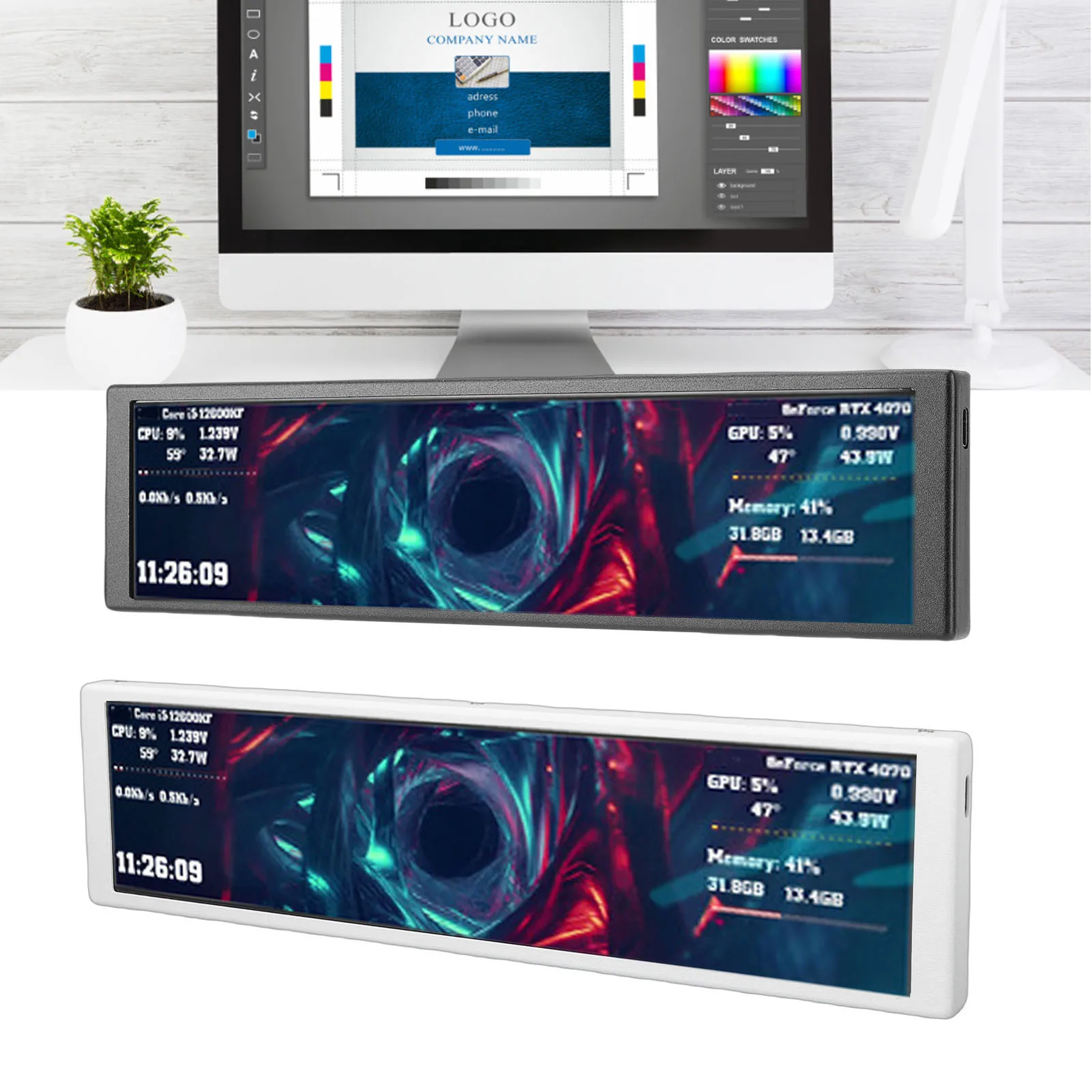 D92 9.2in Computer Case Secondary Screen Landscape Portrait Mode Dynamic Video Theme FHD 1920x462 PC CPU GPU Temperature Display