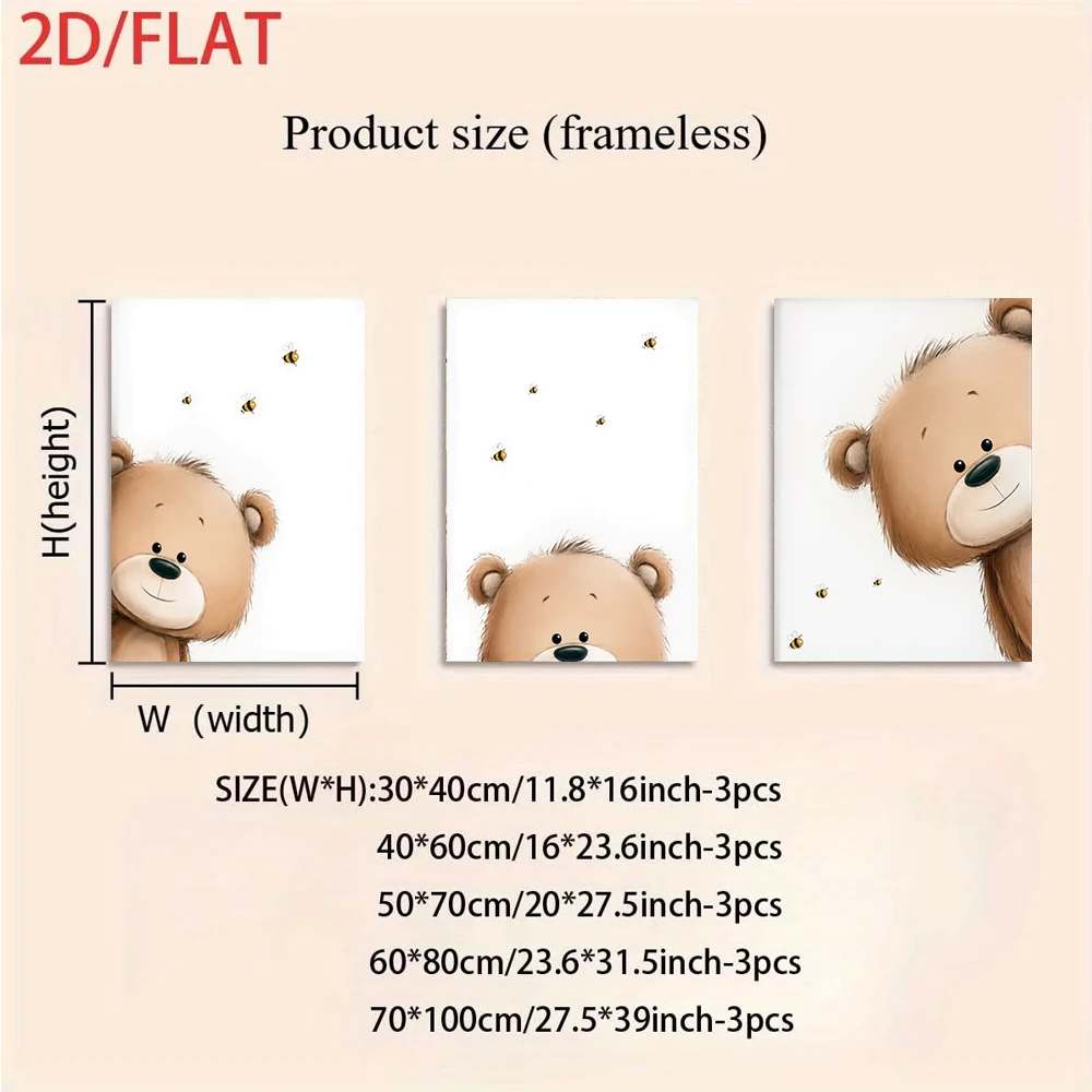 1 set of cartoon teddy bear frameless decorative paintings with cute animal style triptych 2D plan