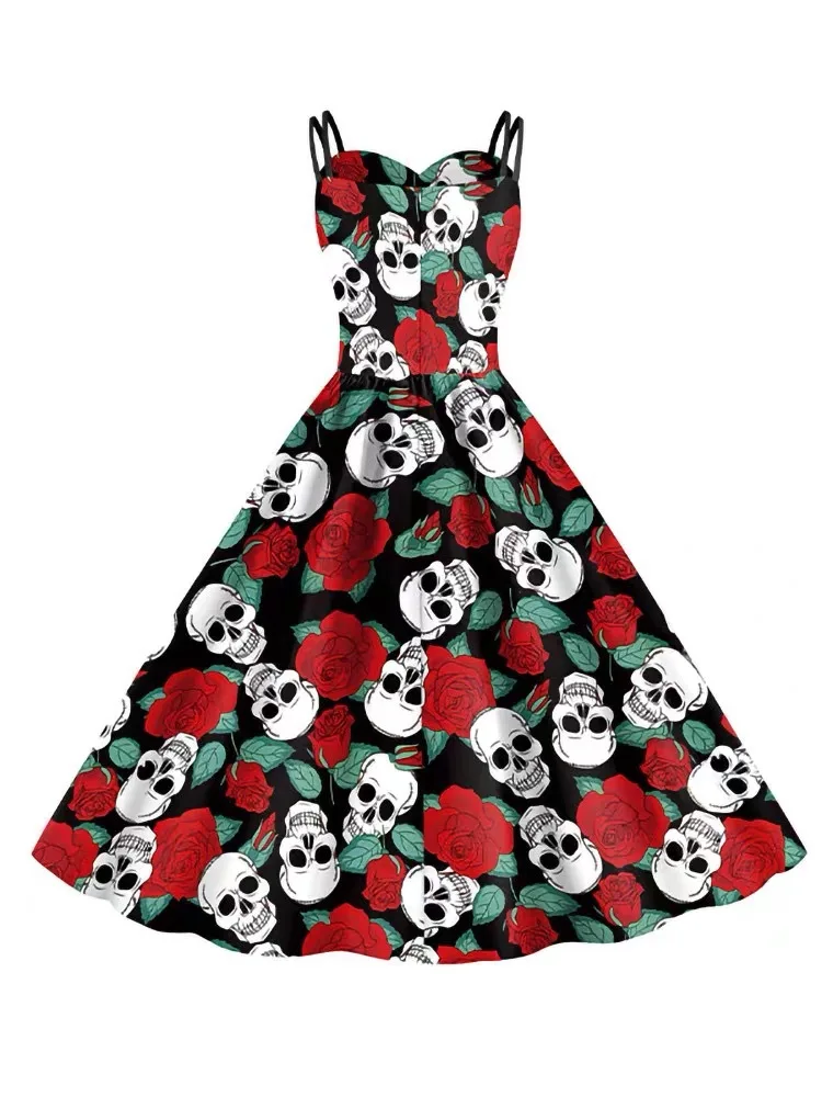 Vintage Gothic Doppelriemen-Swingkleid mit Skelett-Brustmuster, mehrfarbigem Blumen- und Totenkopf-Aufdruck, Damen-Halloween-Cosplay-Kostüm – Detail 15