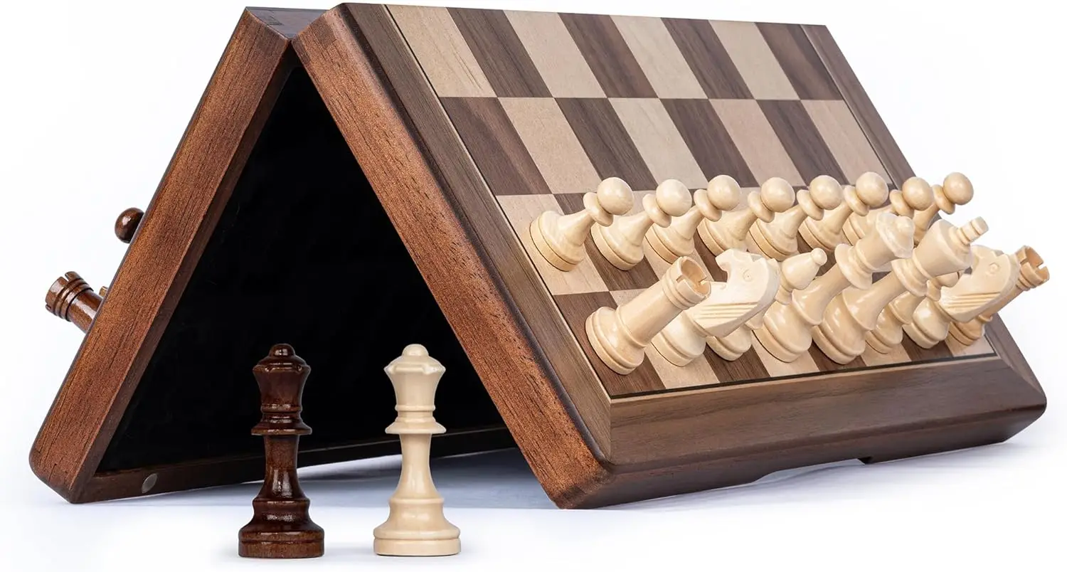 

15' Magnetic Wooden Chess Set, Portable Travel Chess with 3' King, 2 Extra Queens, Folding Board
