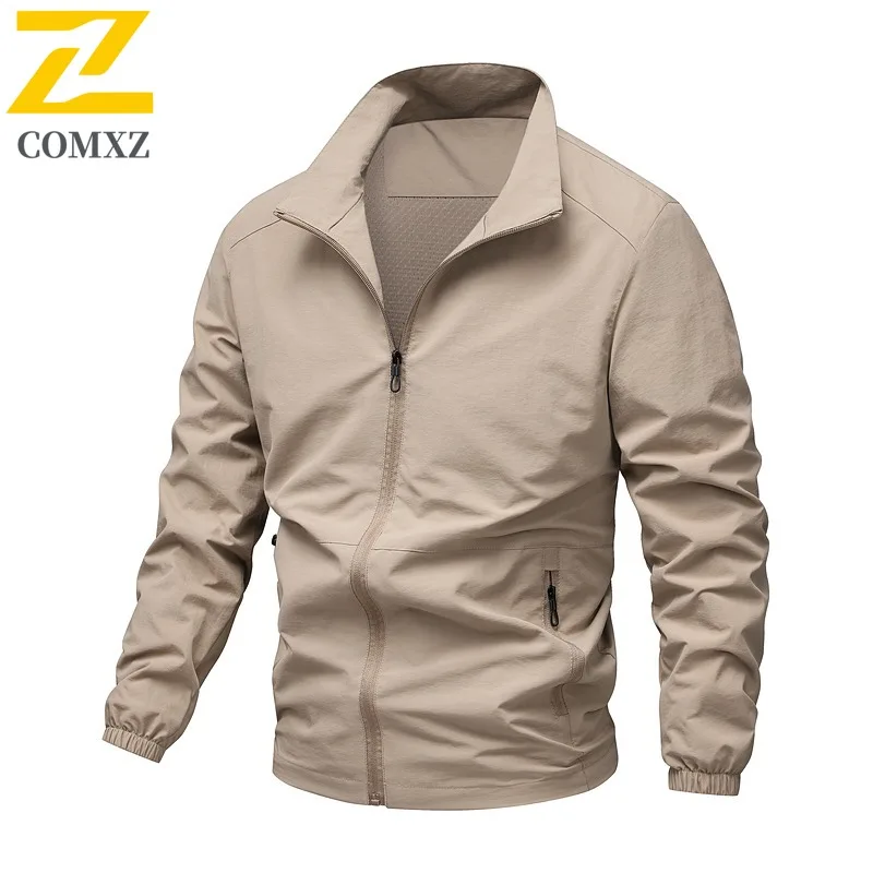 

COMXZ Мужская однотонная хлопковая куртка на молнии, большой размер, легкое осеннее пальто с воротником-стойкой и несколькими карманами, повседневная верхняя одежда 2025