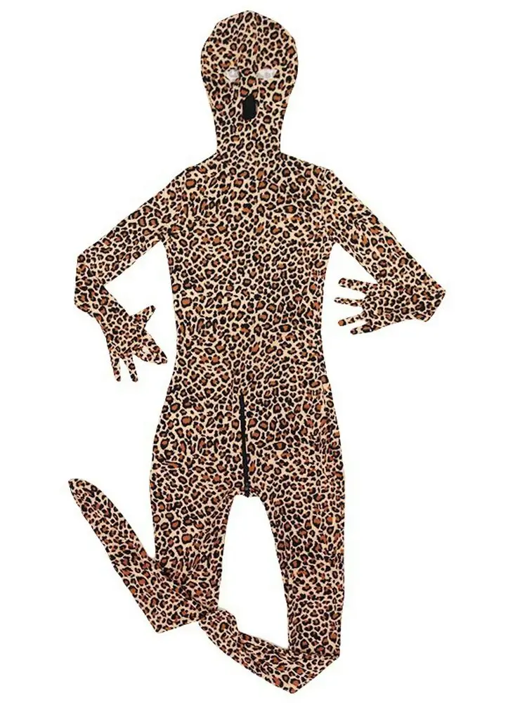 Unisex Hooded Zentai Leopard Catsuit Fingers Bodystocking Zipper Open Crotch Bodysuit Tights Leotard Conjoined Cosplay Jumpsuit