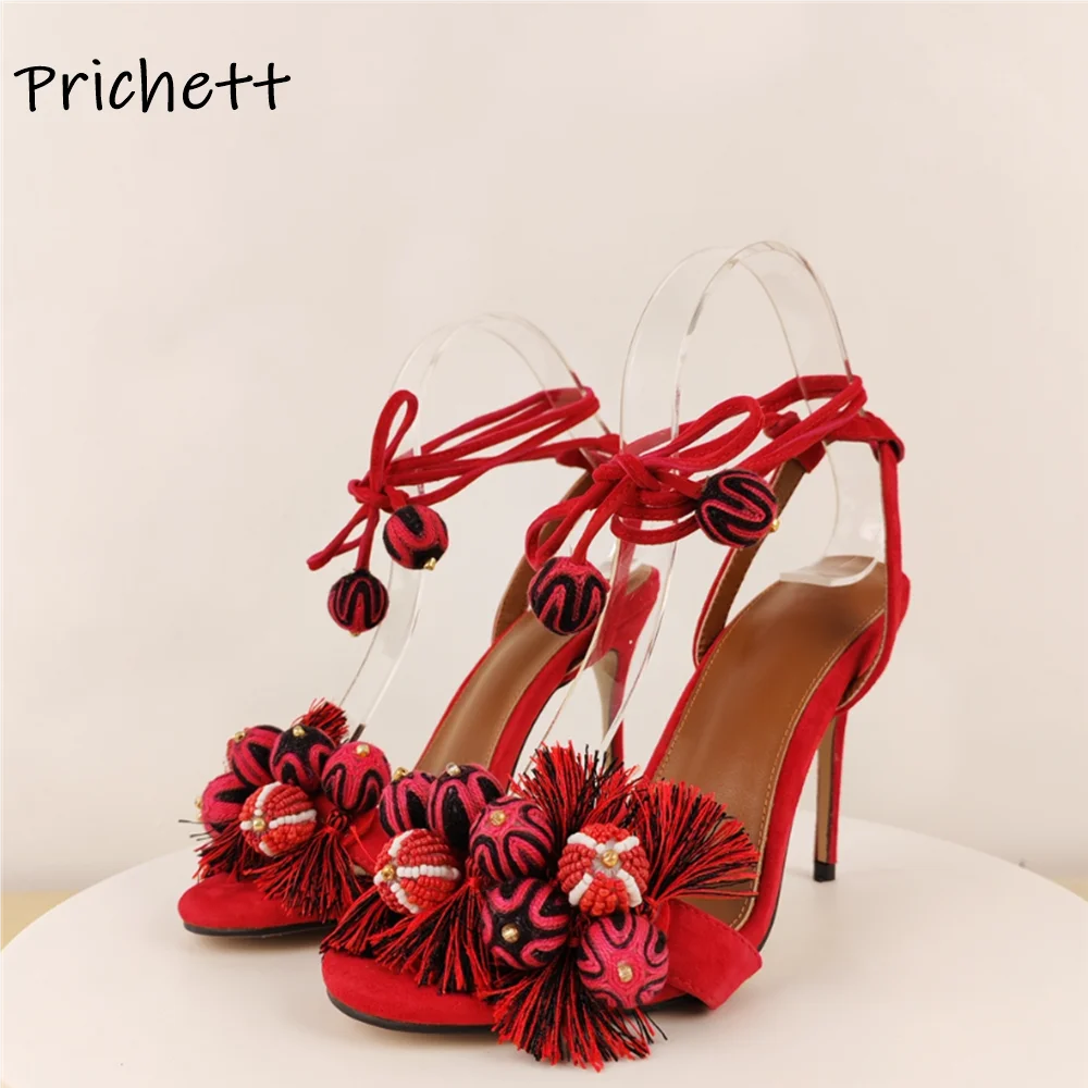 Knitting Wool Ball Fringe Sandals Red Black Ankle Band Straight Strap Round Toe Lace Up Shoes Women's Fashion Lovely Dress Shoes