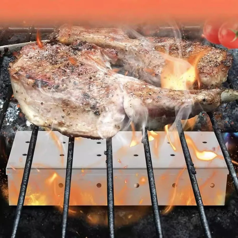 Stainless Steel BBQ Smoker Box Thickened Won't Warp Grill Roast Charcoal Box Vent Sawdust Charcoal Box Charcoal Grill