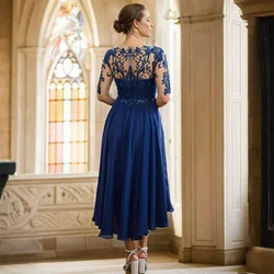 Vestido elegante azul real hasta el té para madre de la novia, vestido de media manga para madre, vestidos de invitados de boda con apliques de encaje