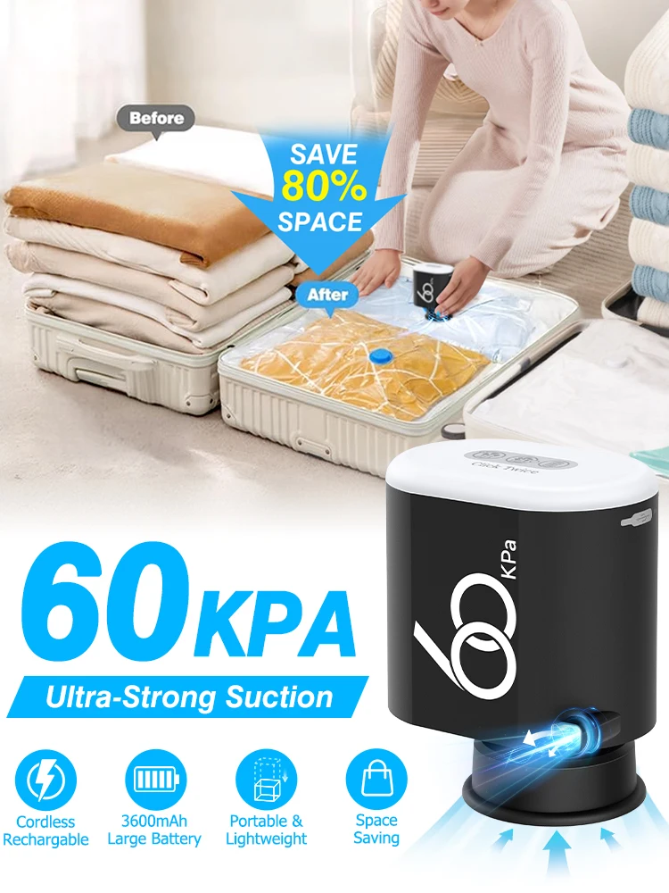 60Kpa Reizen 3600mAh Draadloze Elektrische Pomp voor Vacuüm Opbergzakken Oplaadbare Luchtpomp Diverse Afdichting Ruimtebesparende Zak Kleding - afbeelding 2