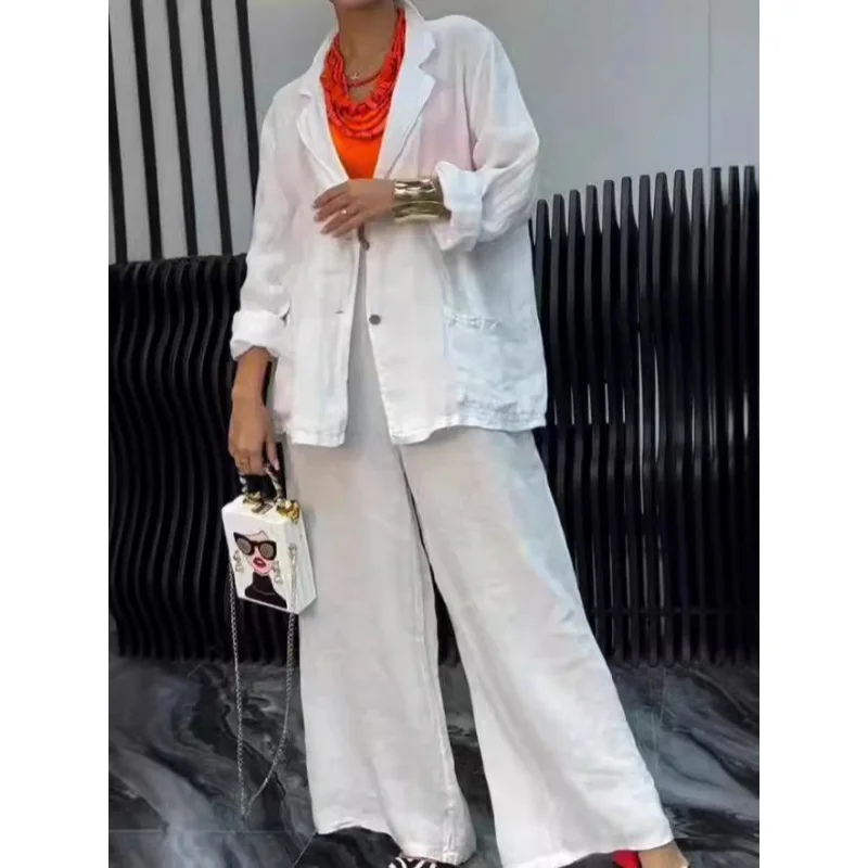 Casual Cotton Linen Solid Color Shirt Pocket Wide Leg Pants Suit