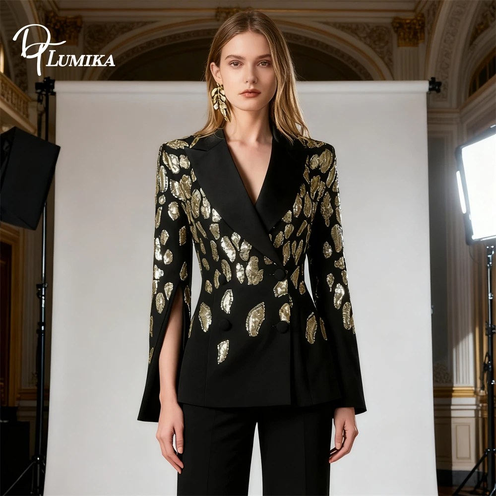 DTLumika Giacca da abito lunga da donna alla moda, abito da festa nero, blazer Suir con paillettes con immagini reali