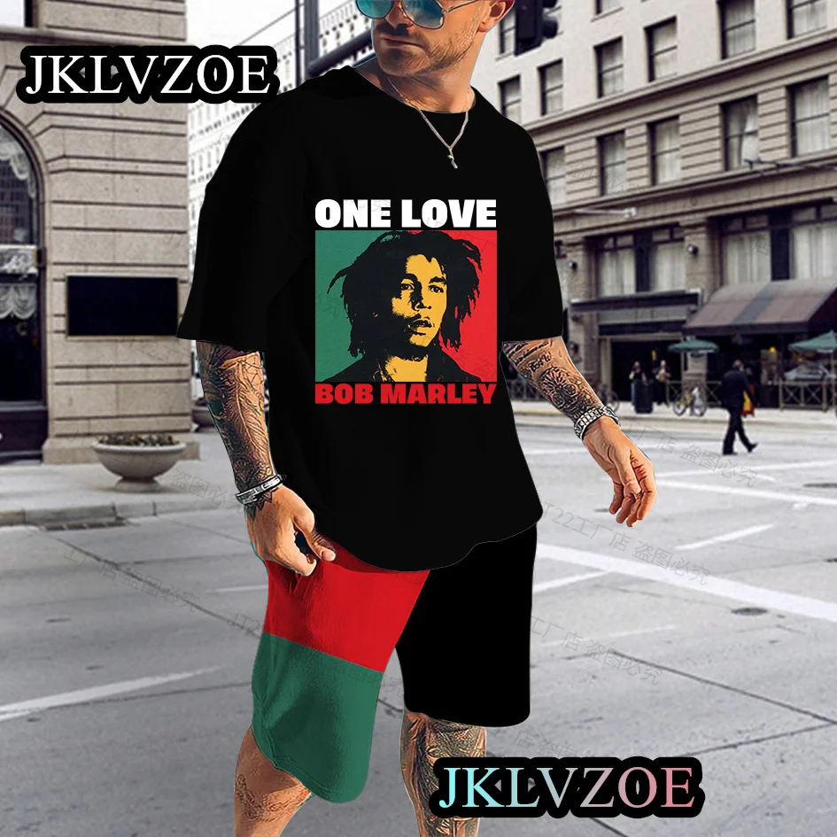 Letni męski dres zestaw Oversized Bob Marley letni 2-częściowy strój sportowy koszulka męska spodenki dorywczo Reggae garnitur muzyczny