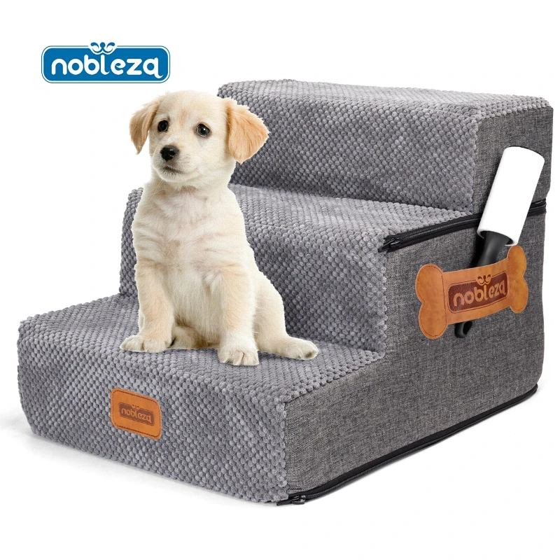 Nobleza Escalera para Perros, Rampa para Perros, Escalera para Cama de Perros Pequeños para Perros y Gatos, Escaleras para Perros Mascotas de 3 Escalones con Rodillo Quitapelusas