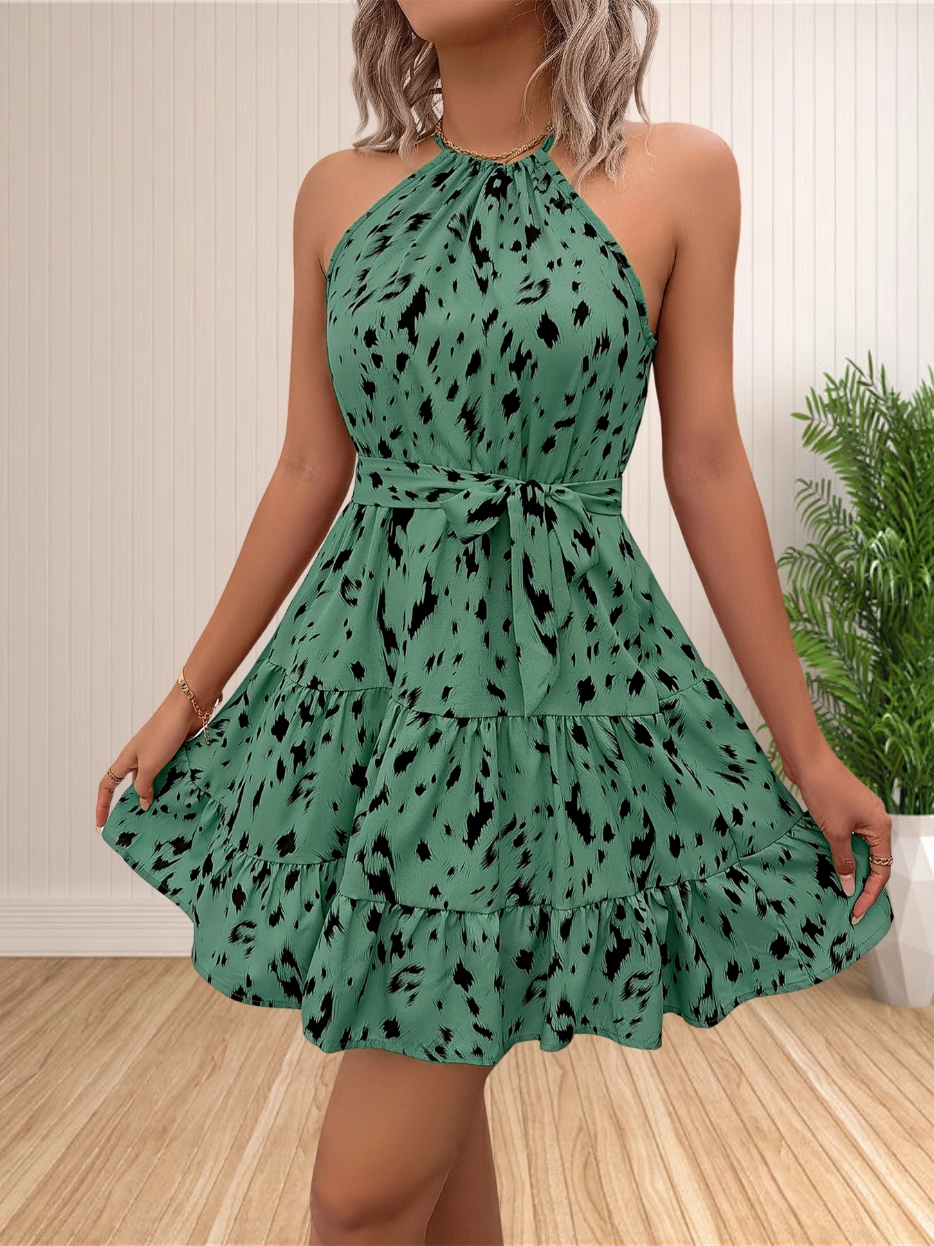 여성 2024 홀터넥 드레스, 민소매 캐주얼 꽃무늬 도트 프린트, 짧은 보호 러플 선드레스, 여름