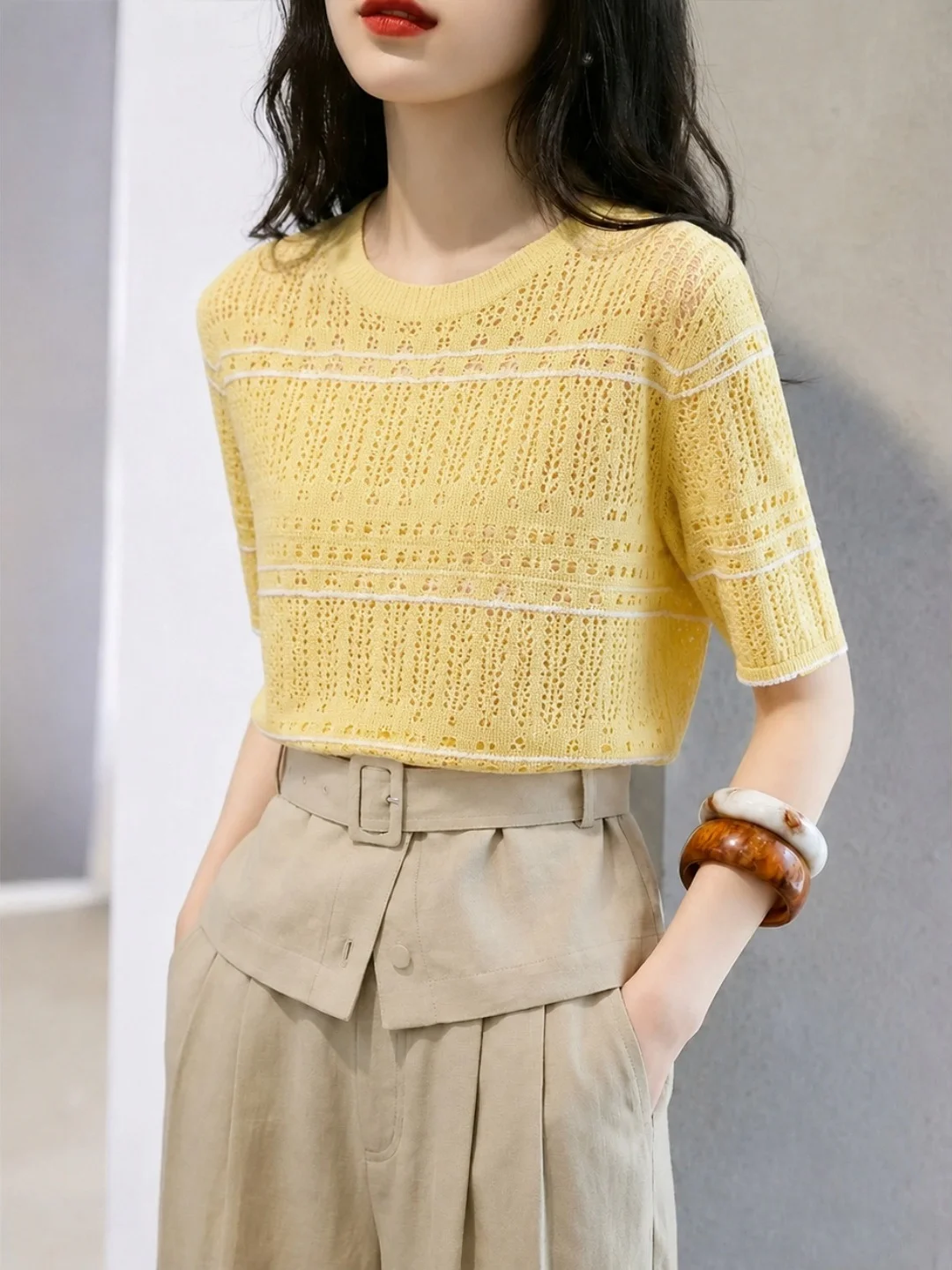 Elegant Hollow out Knitted Top Soft Comfortable Ice Silk Short Sleeve Summer Fashion Women's Straight Cut Korean Style Knitwear
