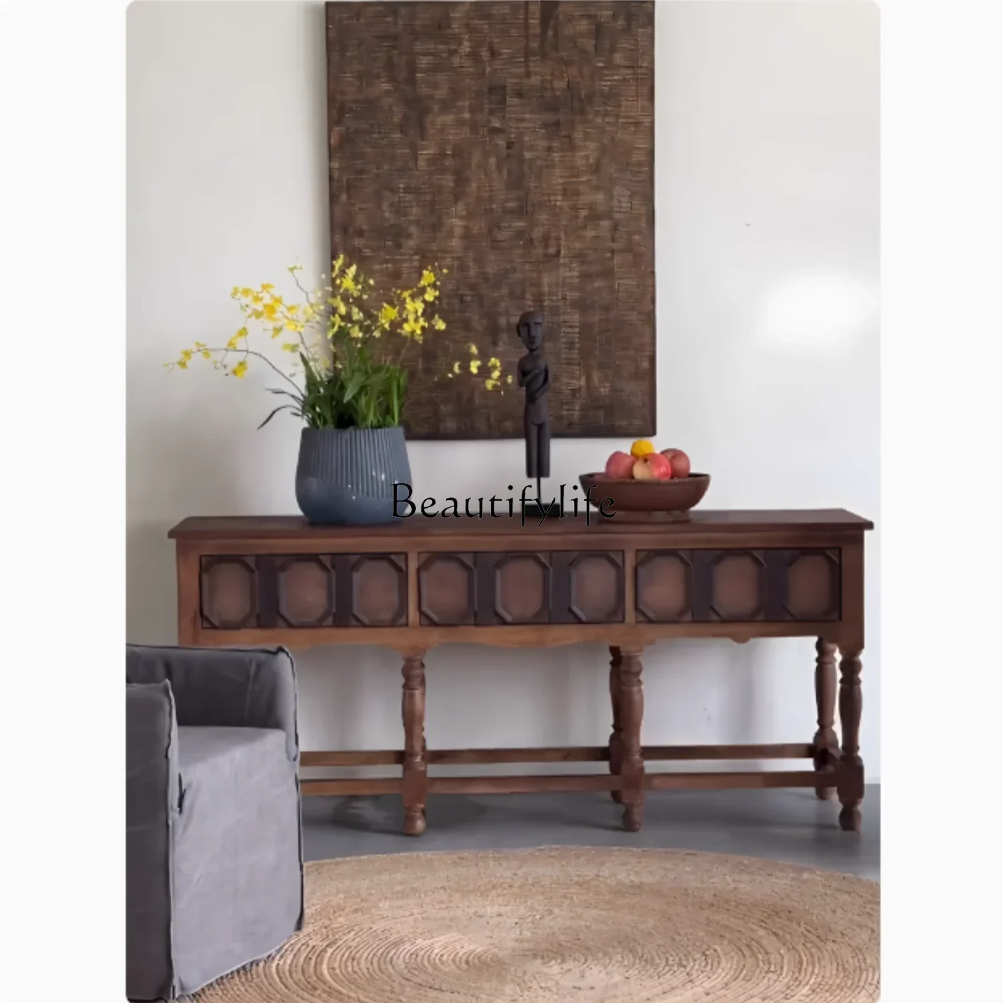 

0 French Retro Solid Wood Entryway Cabinet Villa High-End Carved Roman Column Decoration American