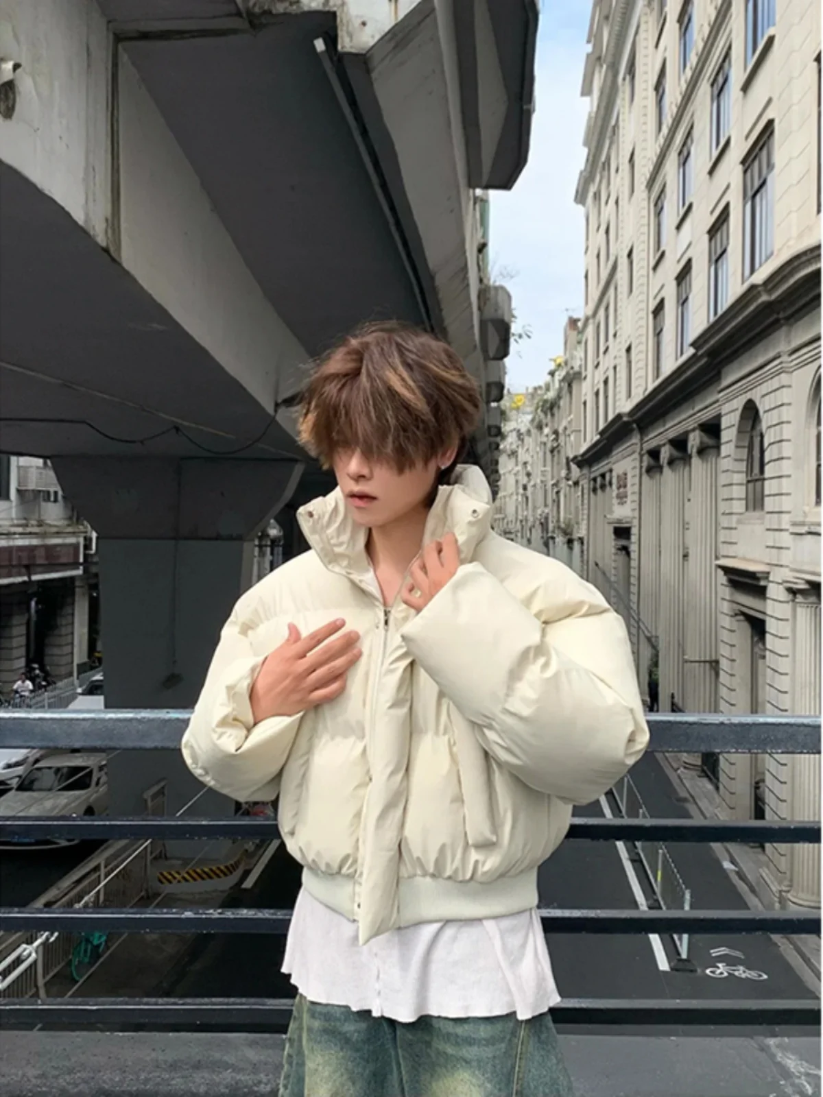 Cleanfit Boxy Short down Jacket Men's Winter Fashionable Bread Coat Cotton Outerwear Warm Thickened Zipper Closure Pure Color