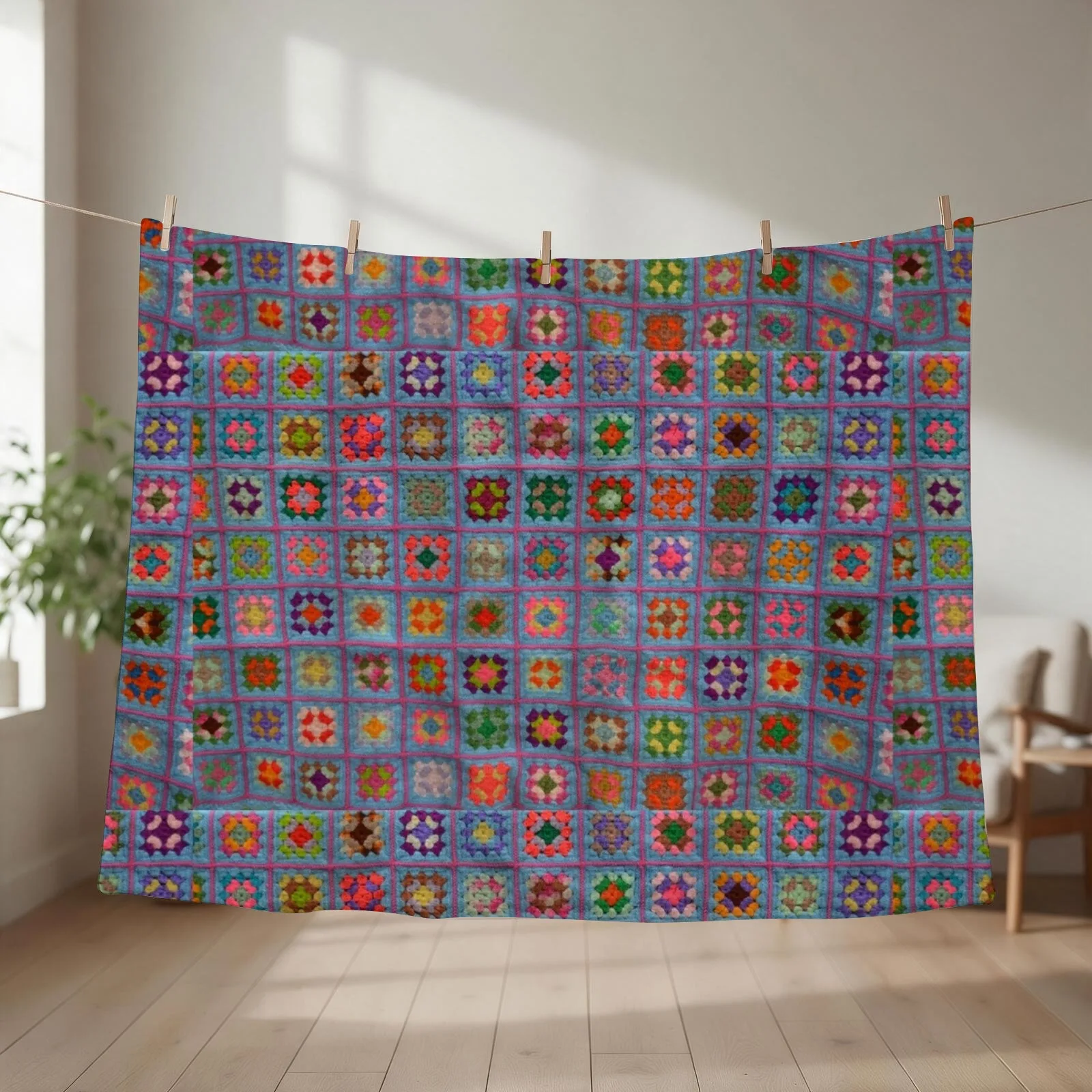 Granny square afghan - multi on blue Throw Blanket Hairy funny gift manga Weighted Blankets