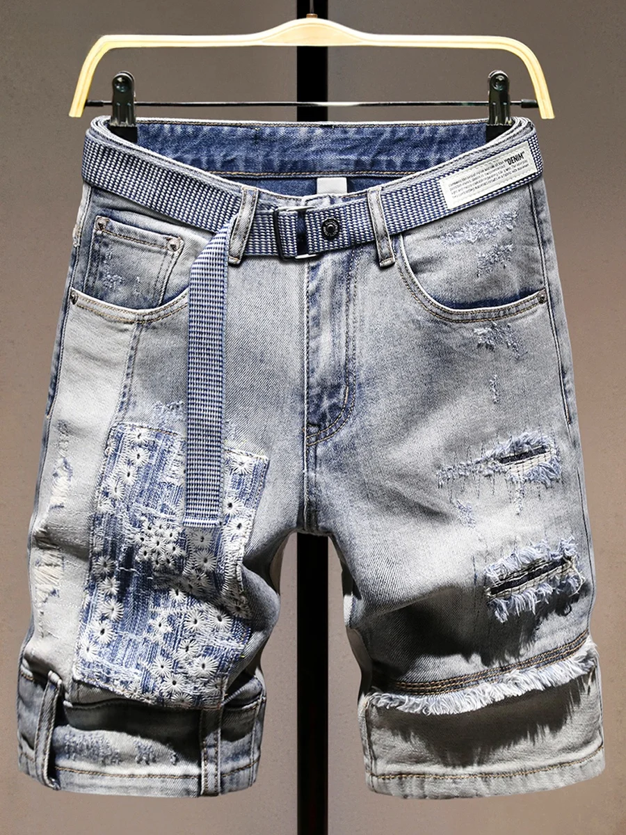 

Мужские модные джинсовые шорты с эффектом потертости, летний тренд, цветные, облегающие, длиной до колена, прямого кроя