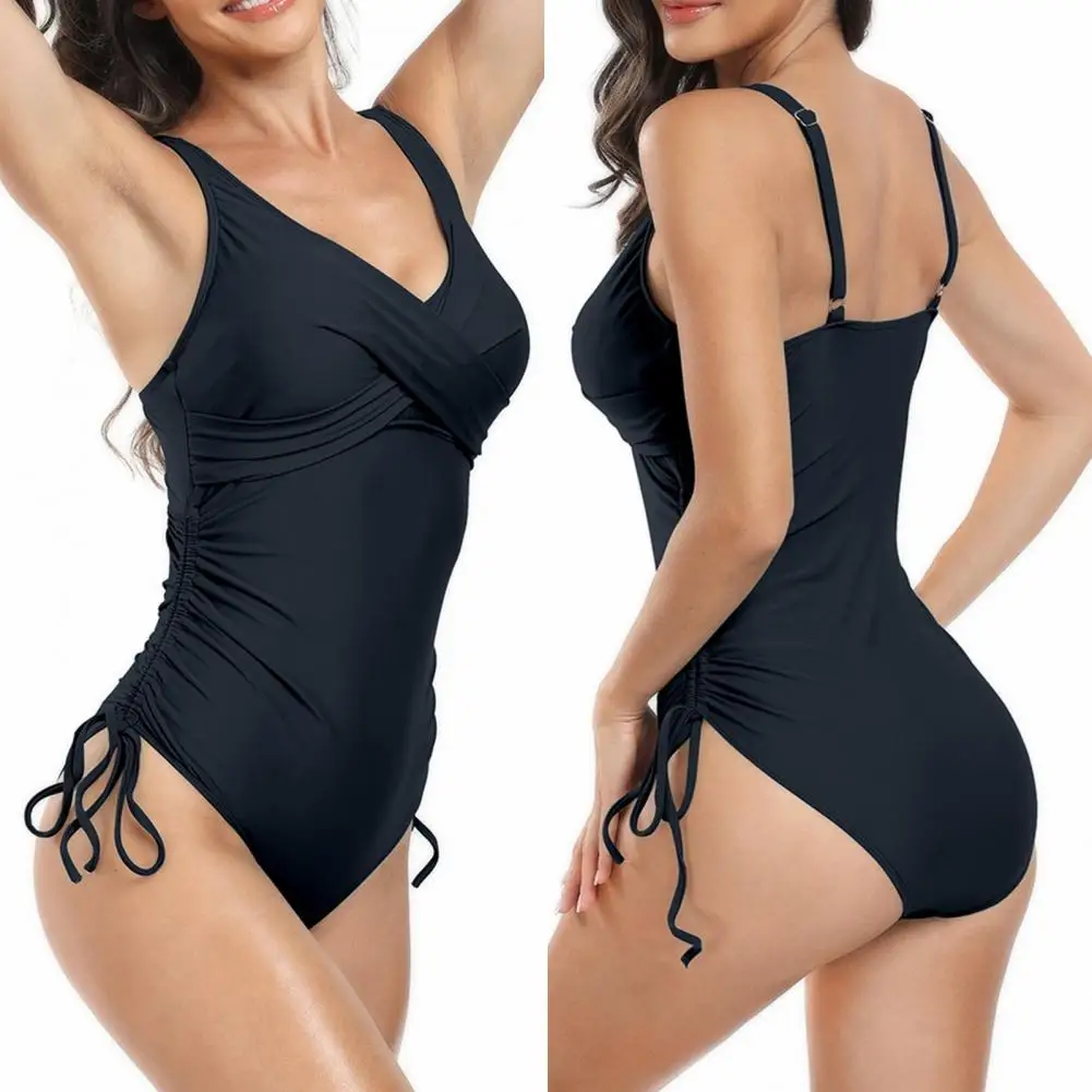 Sexy One-piece Swimsuit One-piece Swimsuit Women's V Neck One-piece Monokini Bathing Suit with Drawstring Pleated for Surfing