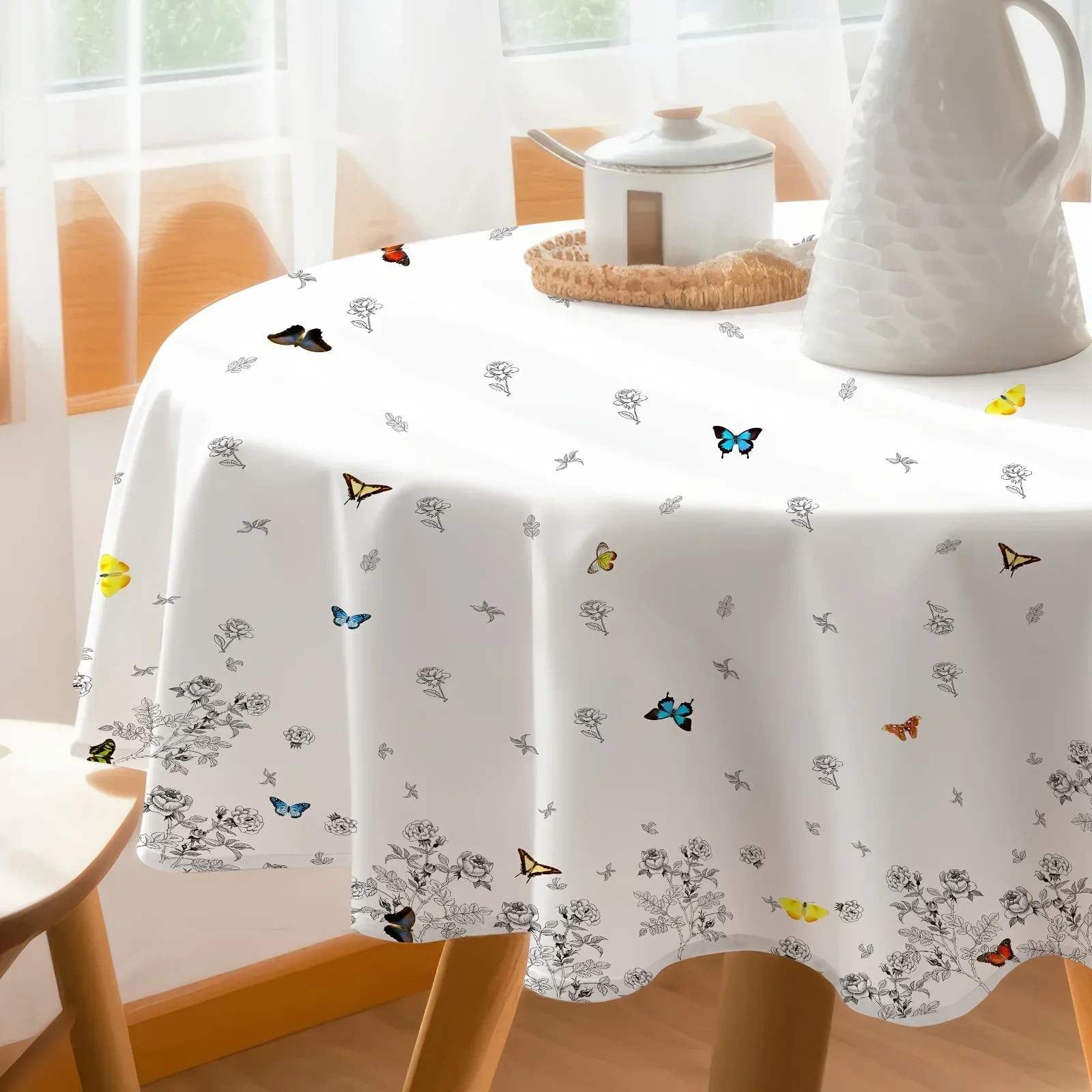 1 piece, round tablecloth, country style line-drawn floral tablecloth, with rose vines and yzb