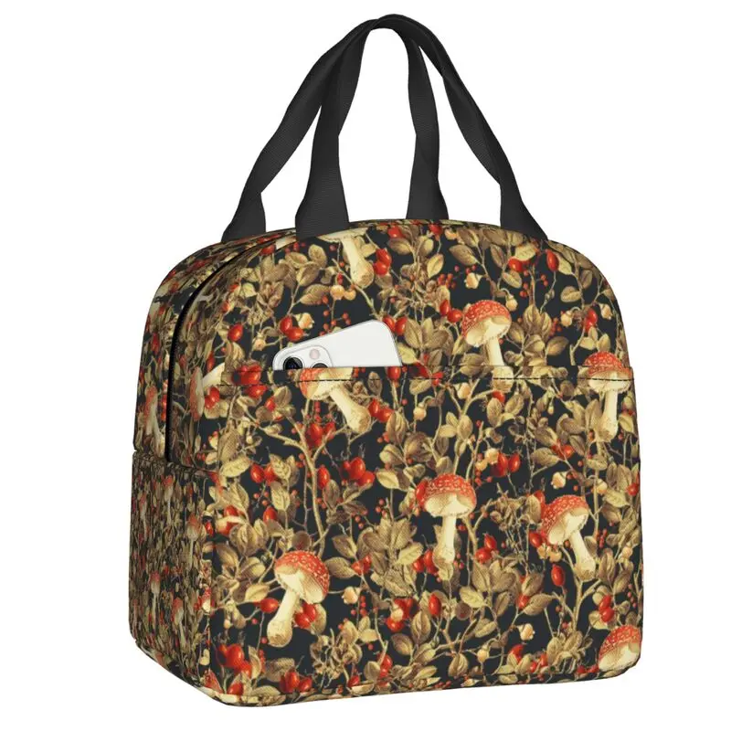 Vintage Mushrooms Garden Floral Pattern Insulated Lunch Bags for Psychedelic Psilocybin Shrooms Cooler Thermal Bento Box Work