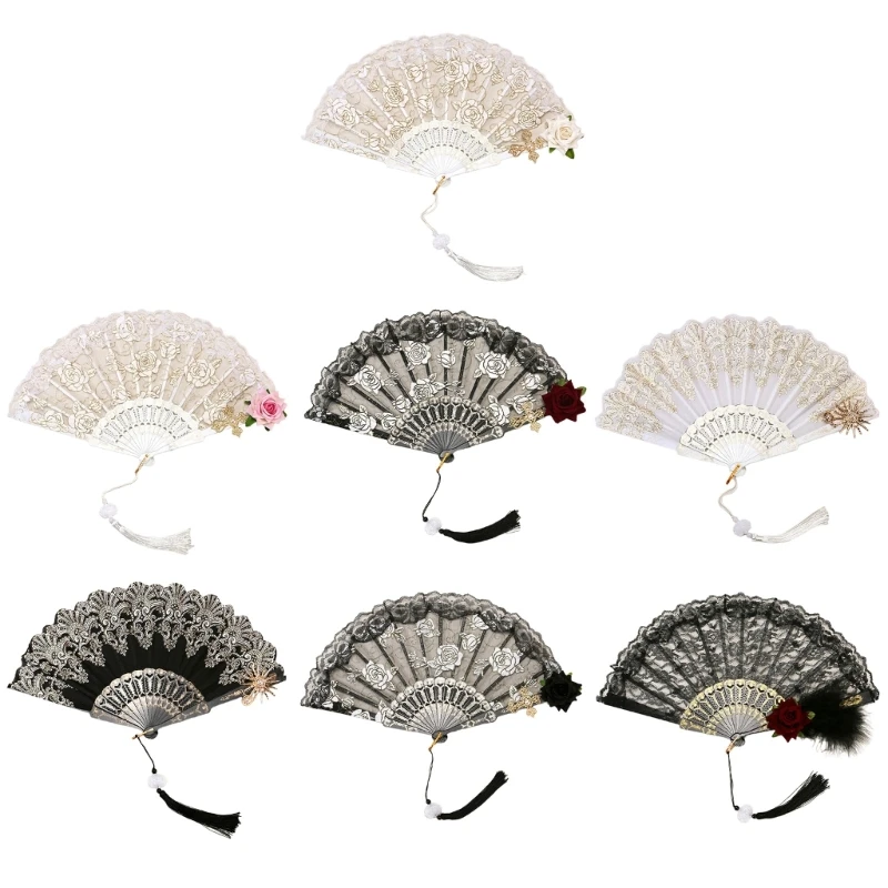 Retro Fan with Tassels Folding Fan Hand Fan Halloween Lace Fan for Dancing Party DXAA