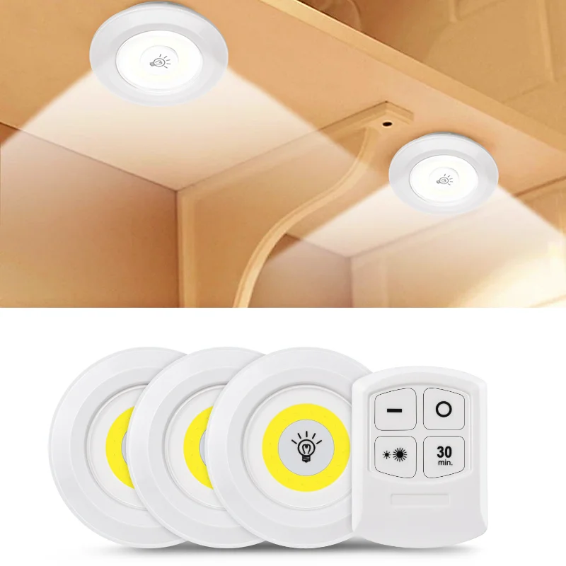 

3W Super Bright COB Under Cabinet Light LED Night Light Wireless Remote Control Dimmable Wardrobe Lamp LED Light Closet Lighting