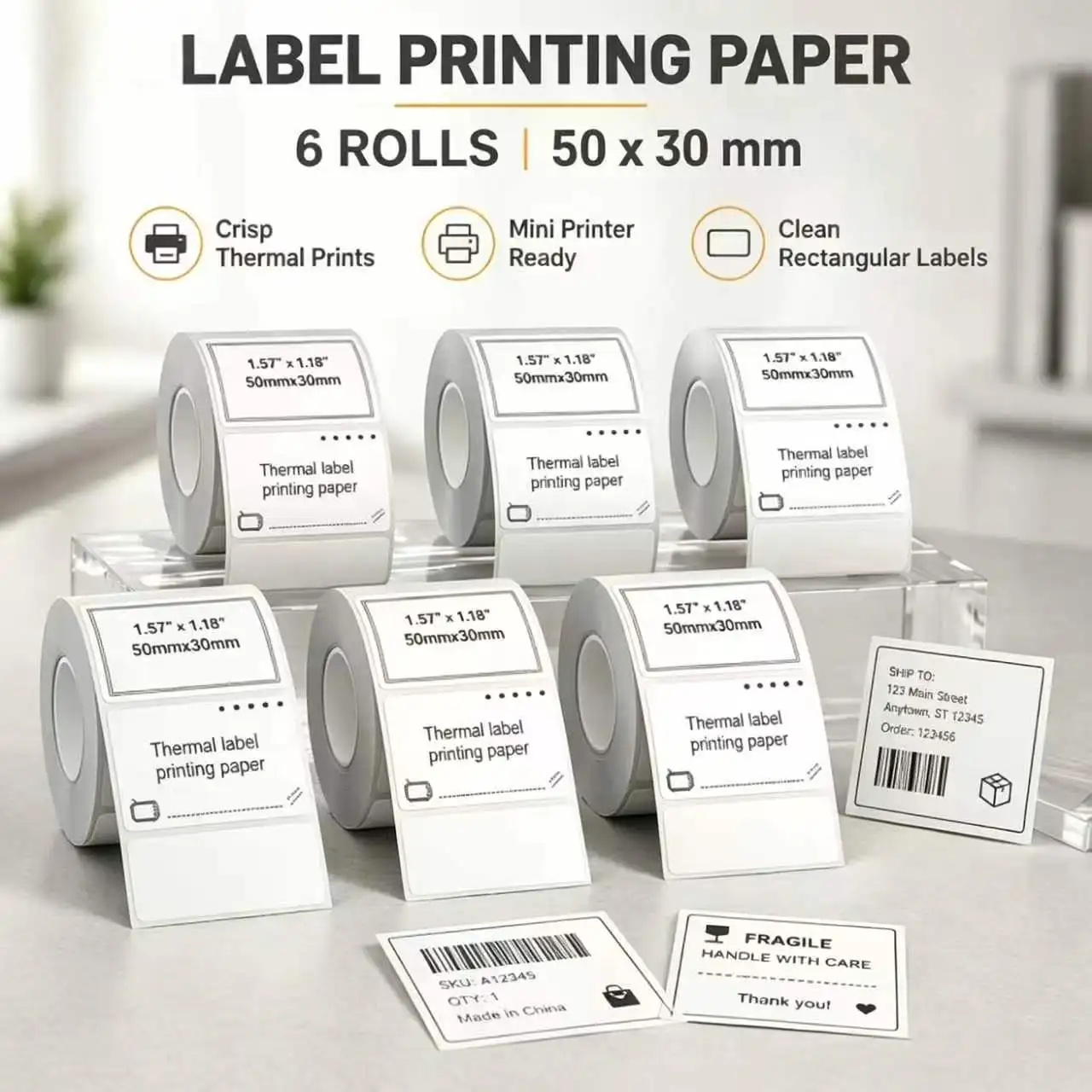 Label Stickers, 6/12-rolls (ForM110/M221/M12 Label Printers)Dimensions: 50 X 30mm (1.97' X 1.18'). Refill Label Rolls (White) for Home, School, Office And Small Business Use.