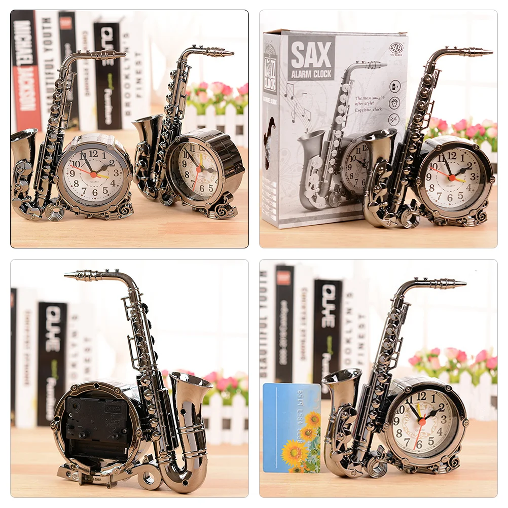 Retro Saxophone Shaped Alarm Clock Tabletop Clock for Bedroom Office Decoration and Vintage Style Home Décor