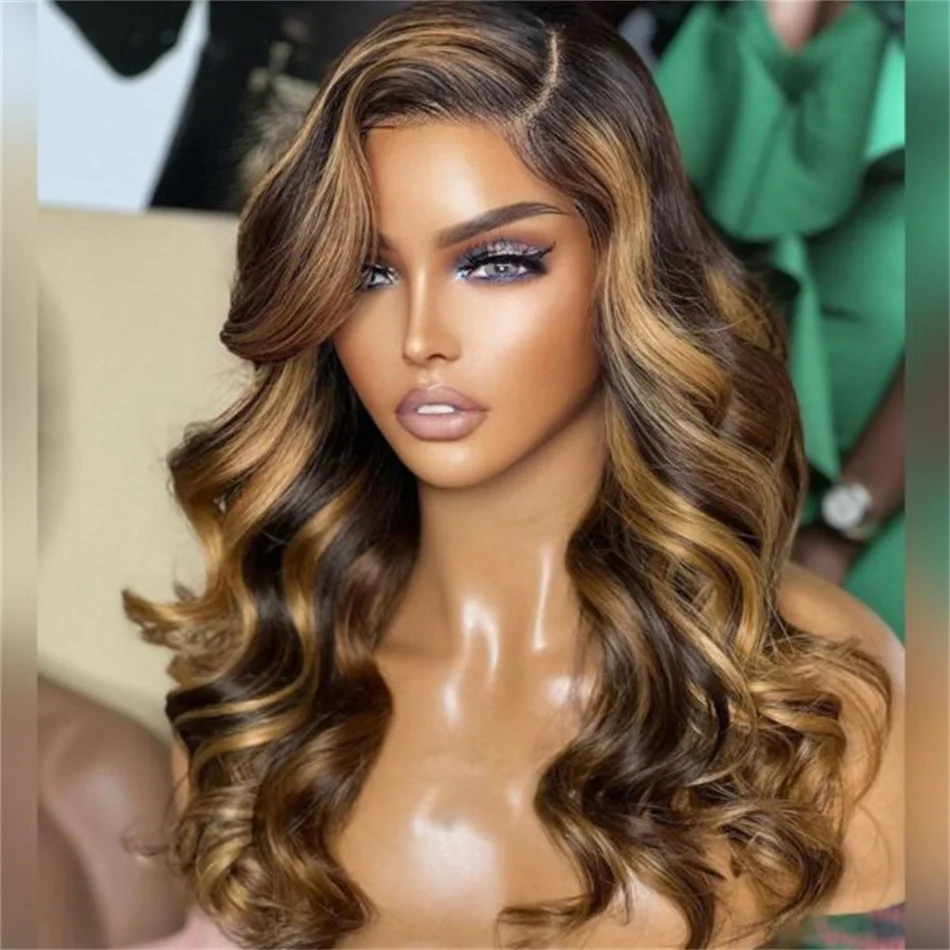 Loira Highlight Body Wave Lace Front Wig para mulheres, cabelo humano, laço frontal, 13x6, 4/27