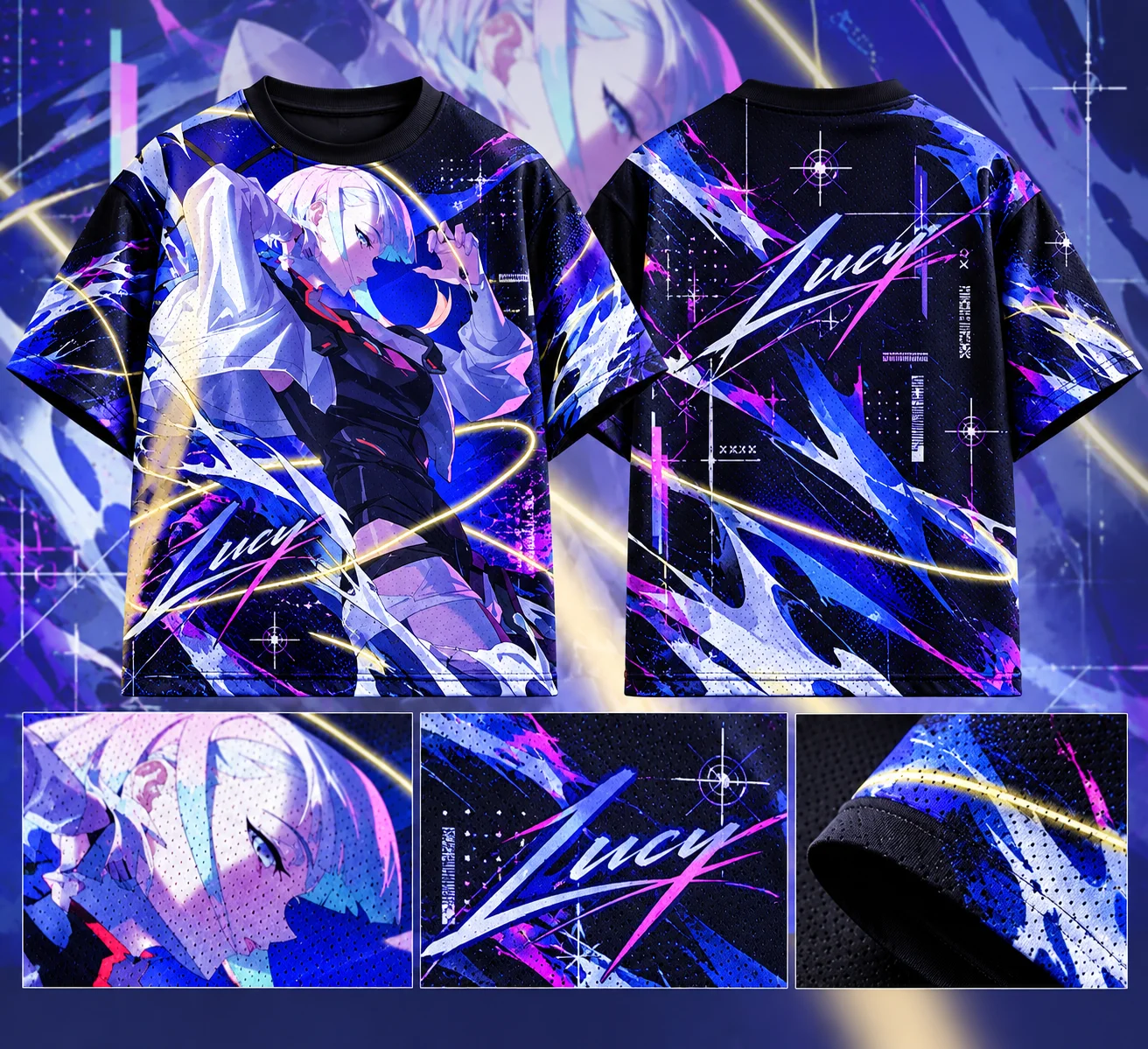 Cyberpunk Edgerunners Lucy Anime Mesh T‑Shirt, Y2K Streetwear Tee, All‑Over Print Graphic Top for Men Women Cosplay Casual