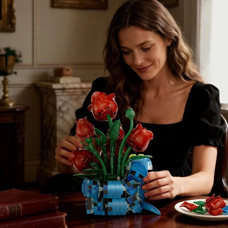 

Red Rose Flower Building Kit, Unique Floral Arrangement with Cartoon Snake Base, Perfect Valentine's Day & Birthday Gift