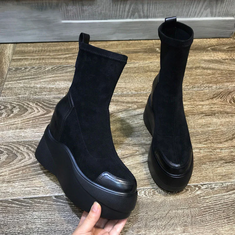 Autumn Spring Women Shoes Woman Platform Boots Fashion Round Toe Ankle Boots 2023 Winter Elastic Black Wedge Comfortable Botas