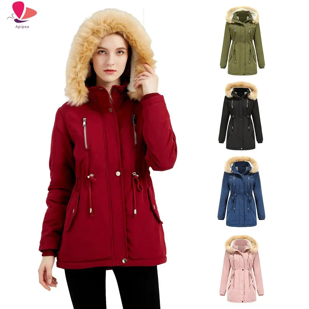 

APIPEE Shearling Cotton Jacket for Women Loose Fit Cotton Clothing with Detachable Hood and Fur-Lined Coat Parkas