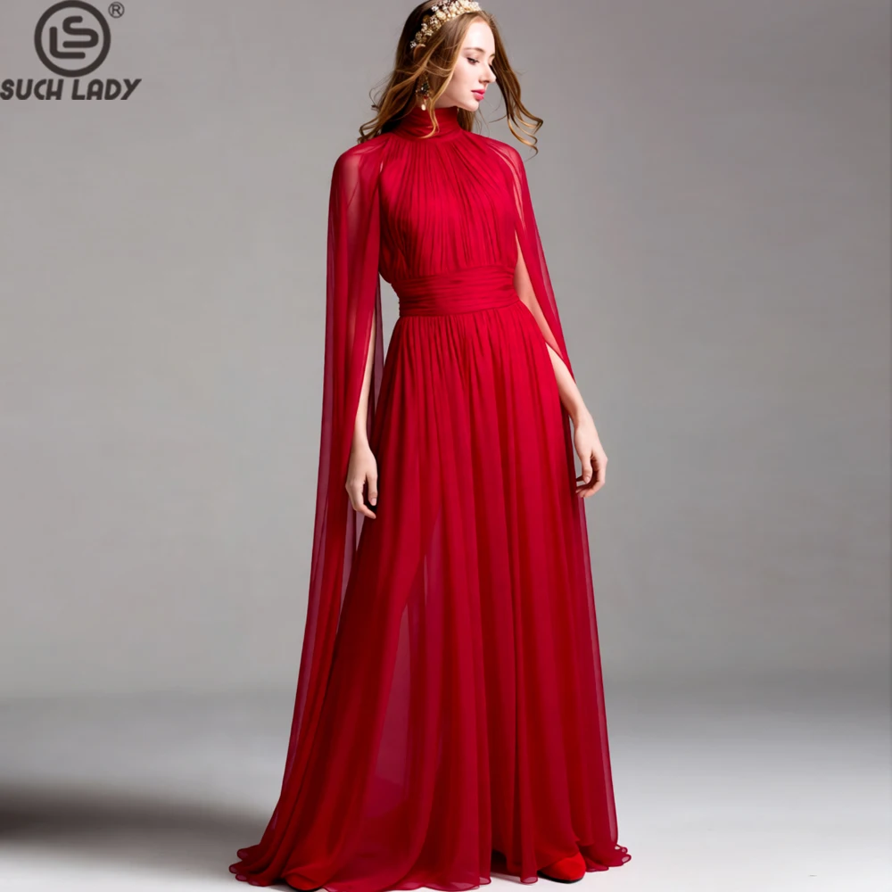 Red High Neck Cape Maxi Dress for Women - Elegant Floor Length Gown with Pleated Bodice & Sheer Long Sleeves Prom Vestidos