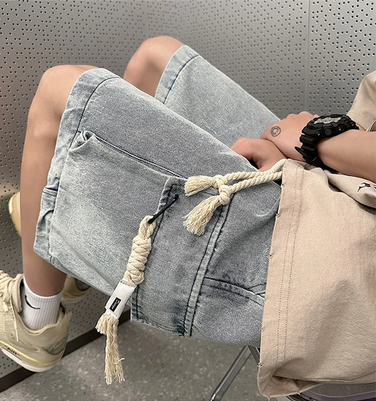 

Trendy Men's Summer Thin Denim orts Casual Loose Straight Leg Five-Quarter Length Jeans Youth ular mid Waist Zipper Fly