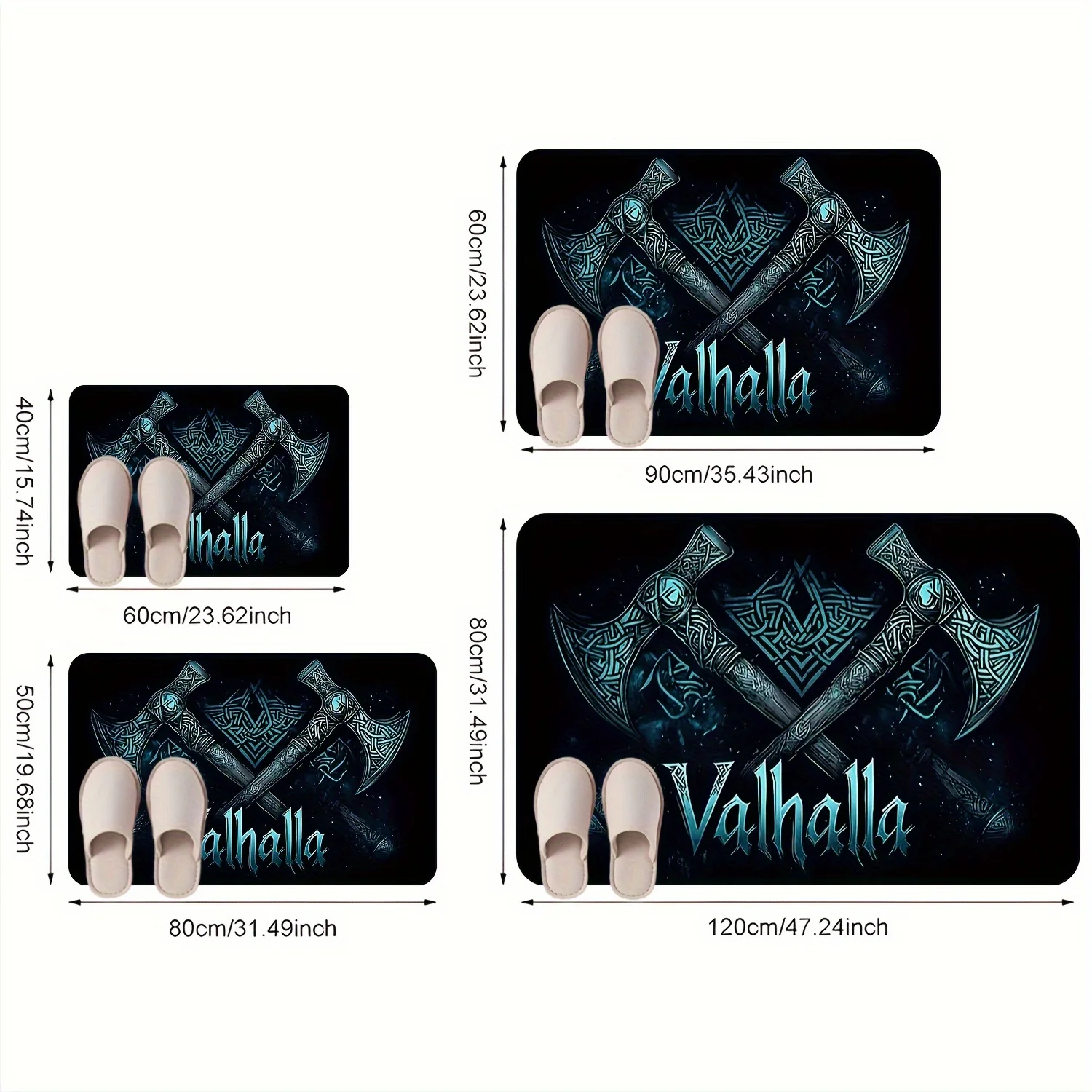 2D Flat Viking Axes Valhalla Text Blue Glow Black Background Flannel Door Mat Non Slip Norse Mythology Rug For Entryway Floor