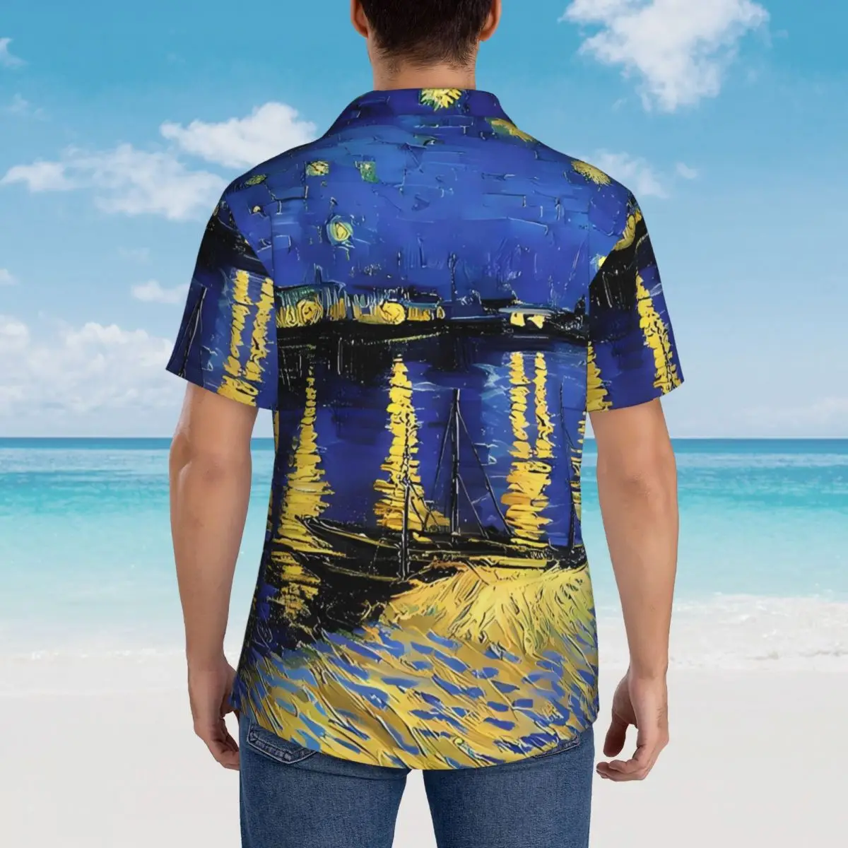 Van Gogh Beach Shirt Man Starry Night Over The Rhone Casual Shirts Summer Short Sleeve Trendy Oversized Blouses Pomysł na prezent