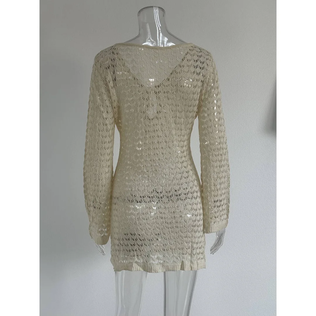 S - XL Langarm-Tunika mit Ausschnitten, gehäkelt, Strick, Strandkleid, Strandmode, Damen V6507 – Detail 21