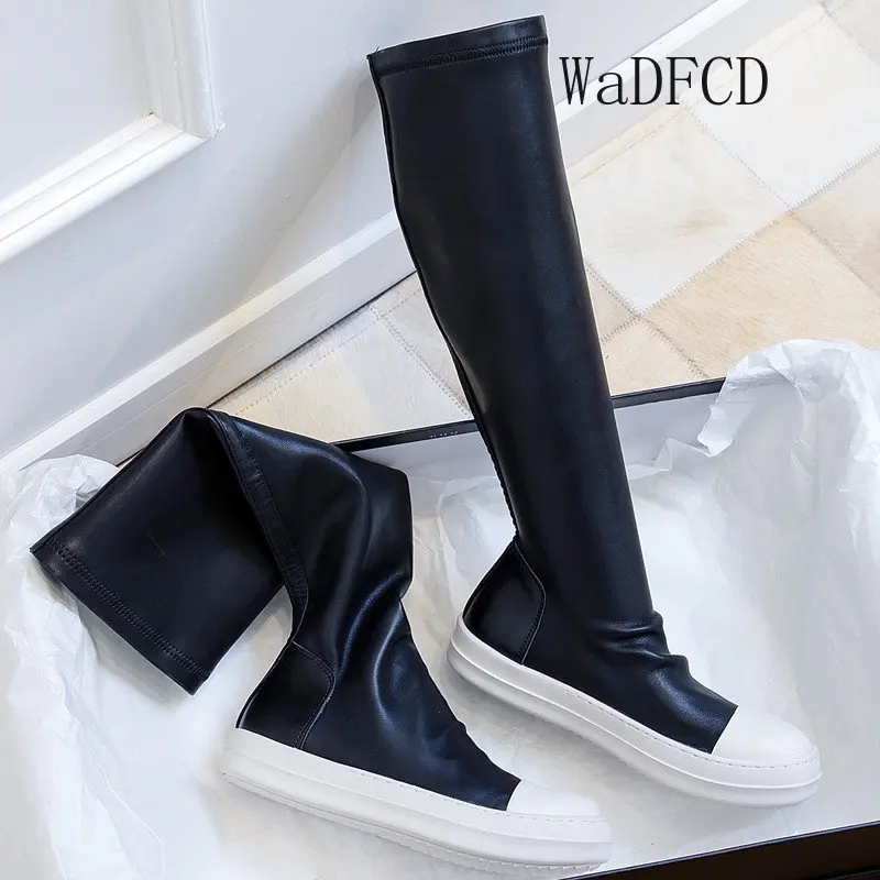 Knee High Boots Plus Size 43 44 45 46 Women Casual Sneaker Fashion Microfiber Leather Upper Height Increased Flat Platform Boots