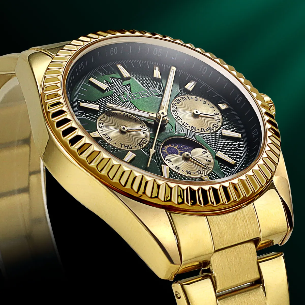 스테인레스 스틸 스트랩이 있는 MEGIR 남성용 쿼츠 시계 데이 날짜 24시간 달의 위상 기능이 있는 패션 비즈니스 스타일 손목시계