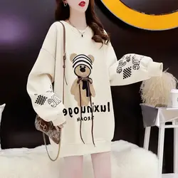 Multicolour Casual Young Style Midi Hoodies Women Loose Winter Now Plus Fleece Thicken Little Bear O-Neck Printing Sweatshirts