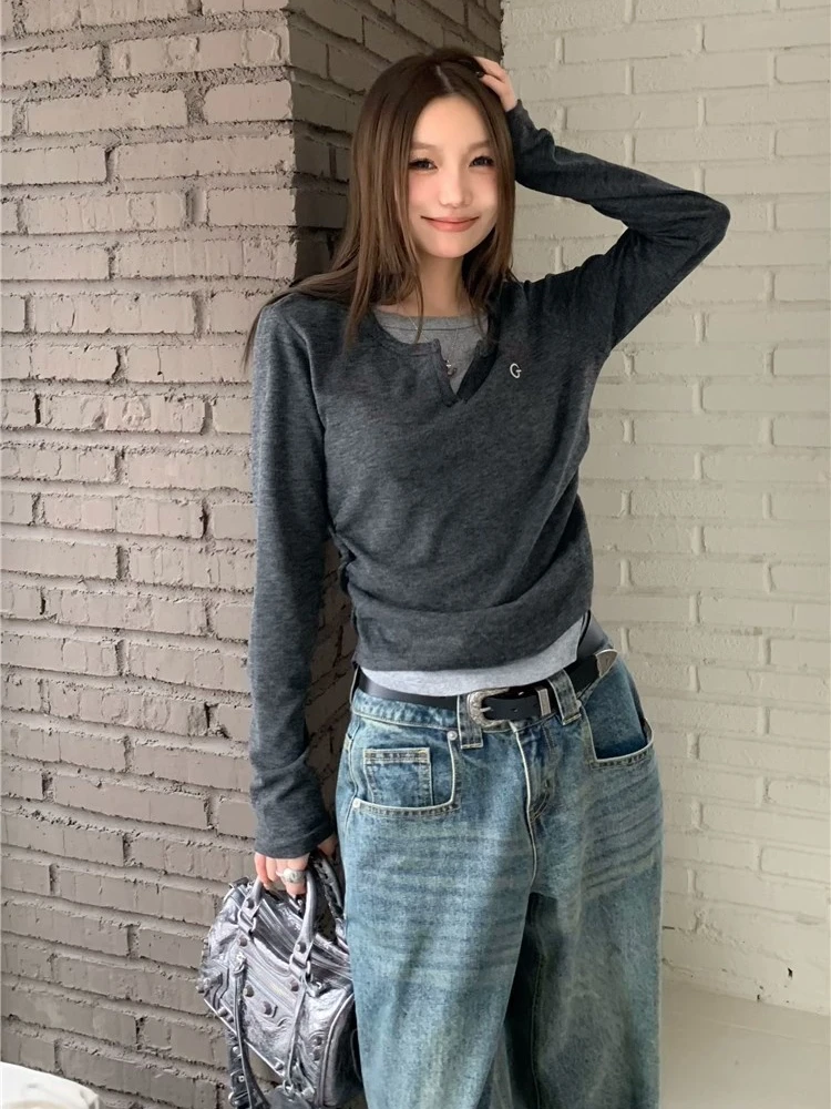 

Женская футболка узкого кроя с вышивкой ay Long Sve, осенне-зимний базовый слой, цельный дизайн, Sense