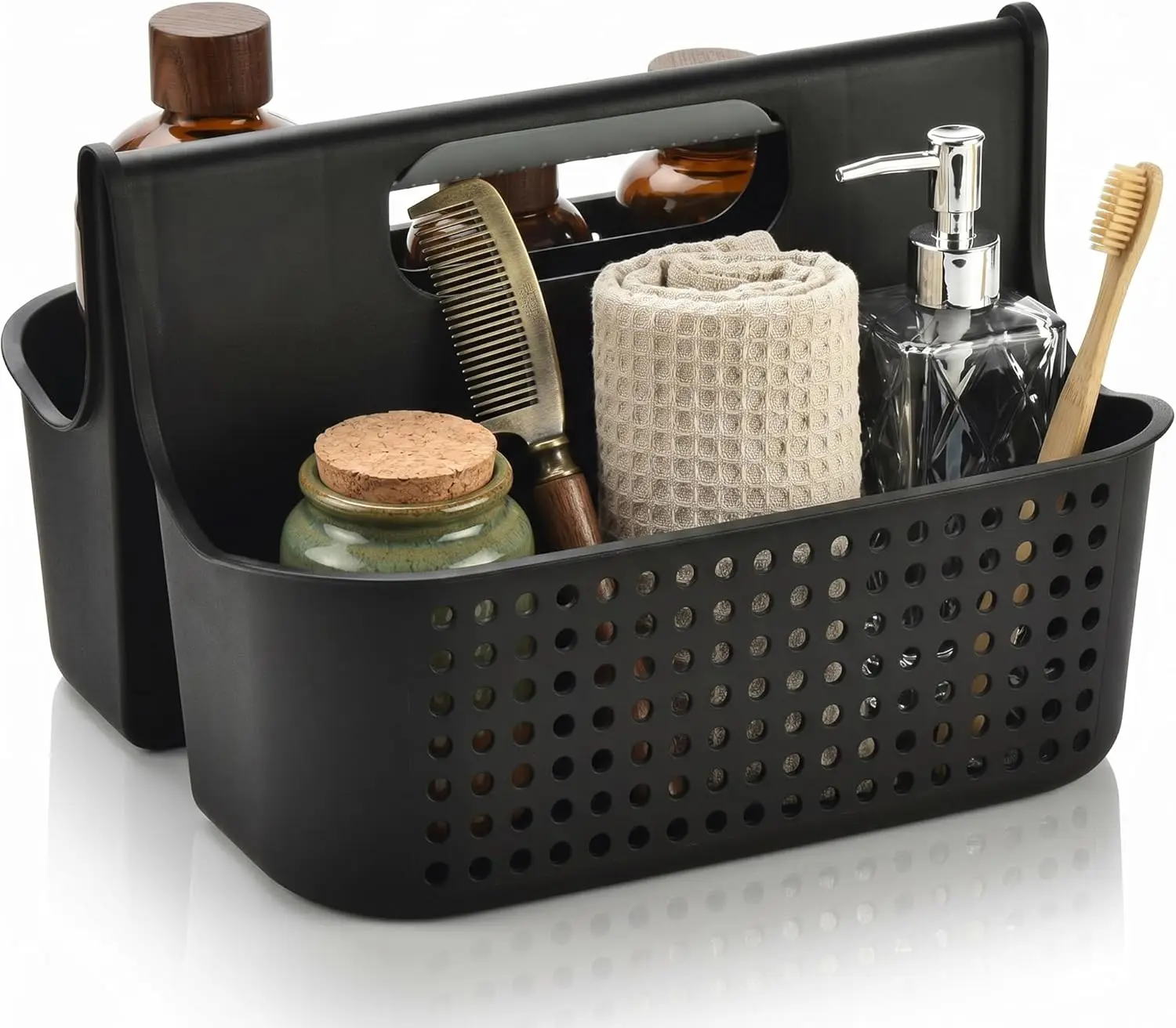 

Portable Shower Caddy Basket, 2 Compartments Plastic Organizer with Handle for Bathroom Dorm Essentials, Black